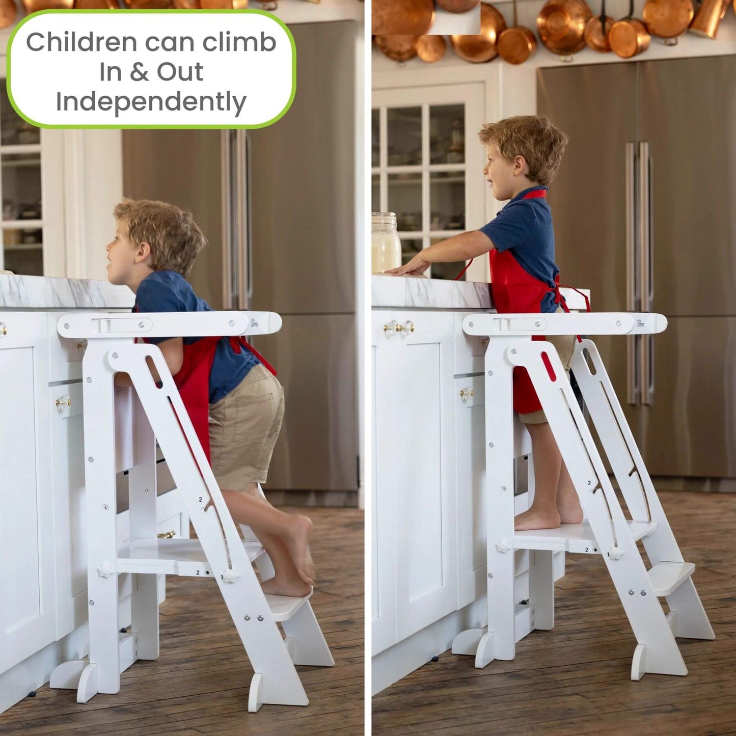 Boy Standing on Little Partners Learn 'N Fold Learning Tower White