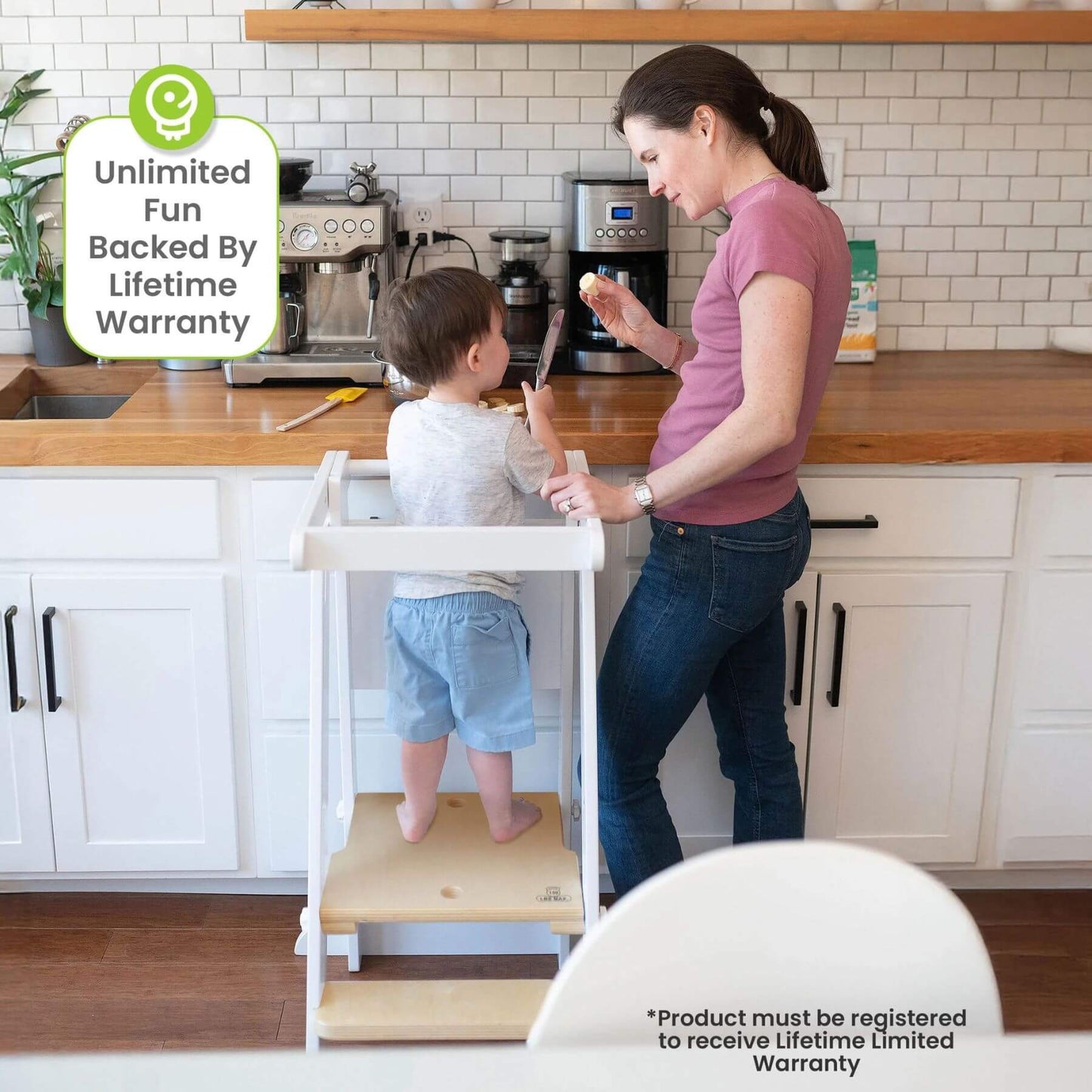 Boy Standing on Little Partners Learn 'N Fold Learning Tower Natural & White, Help Mom with Cook