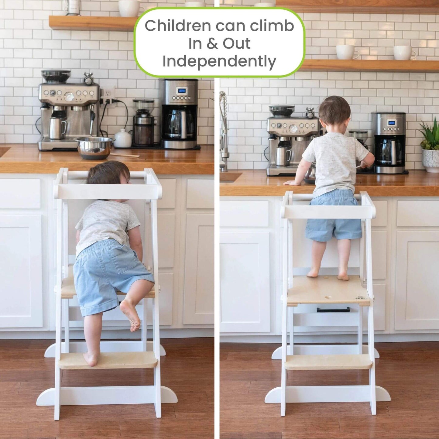Boy Standing on Little Partners Learn 'N Fold Learning Tower Natural & White
