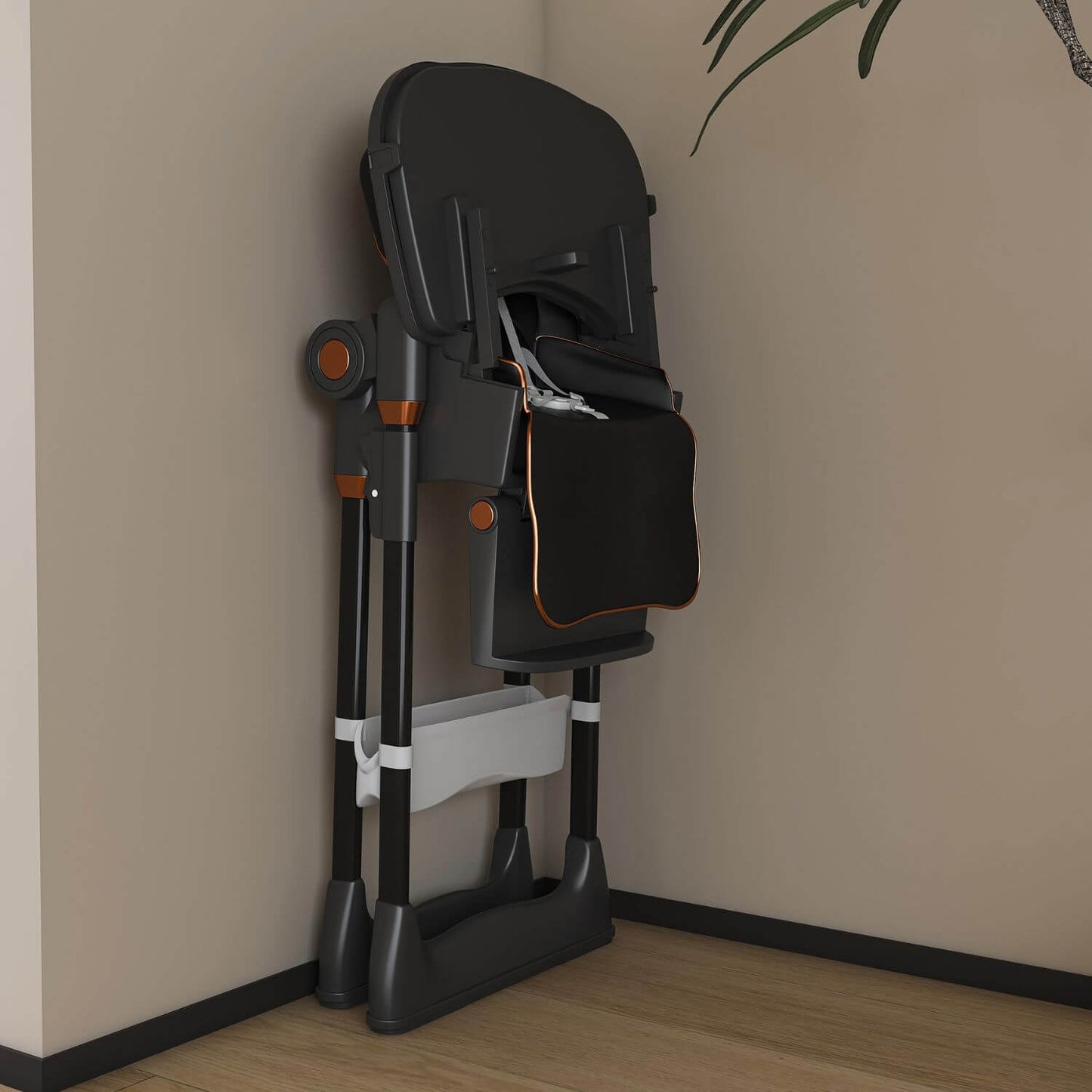 Folded Leavader Adjustable Baby High Chair Black against a beige wall