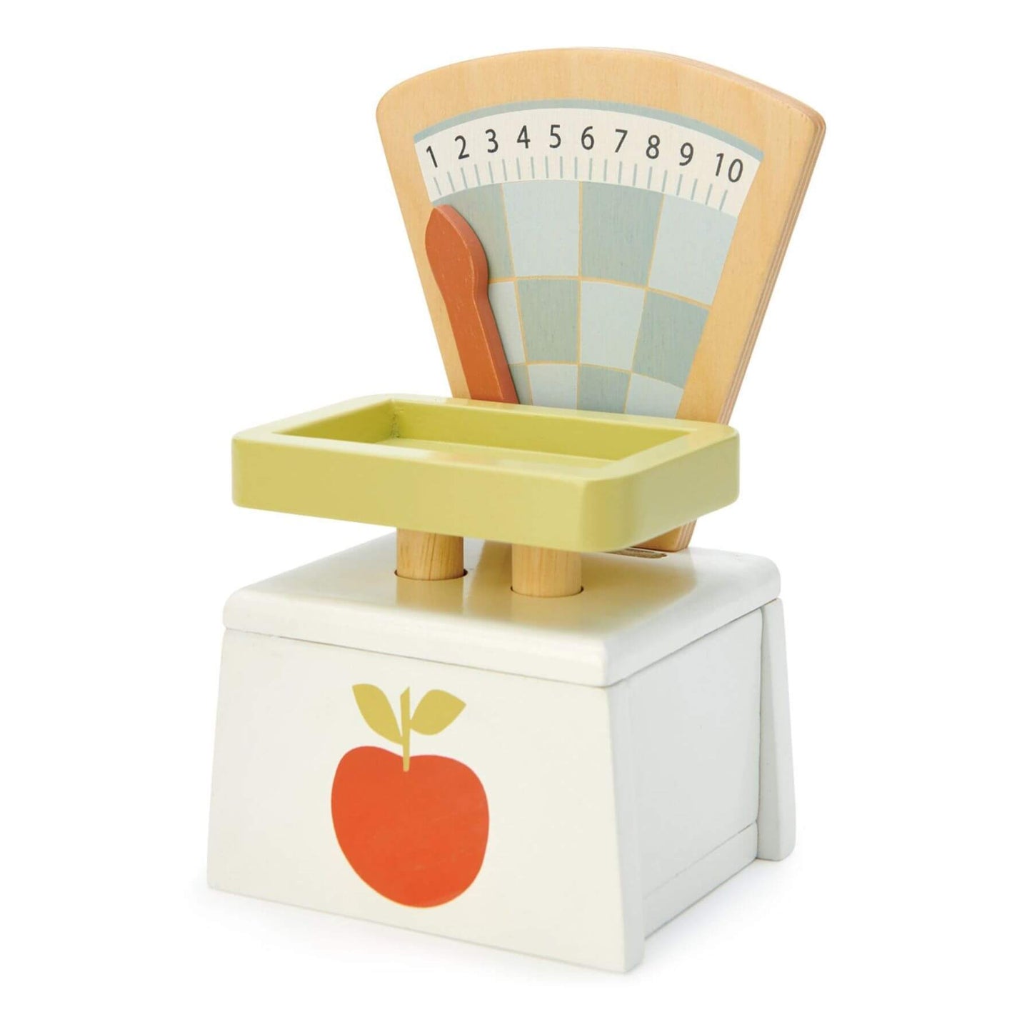 Toy scale with a wooden handle and digital display on a white background