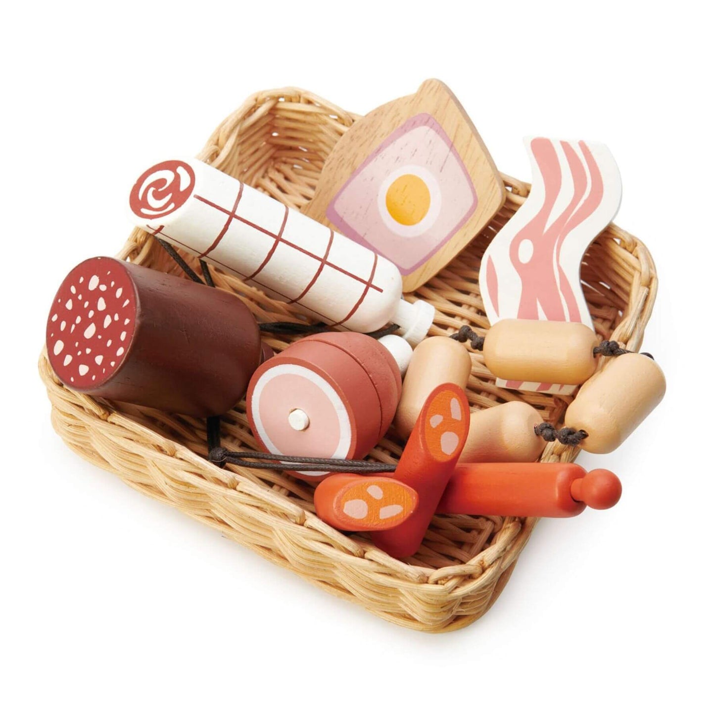 Toy food items including bread, eggs, sausages, and bacon in a wicker basket on a white background