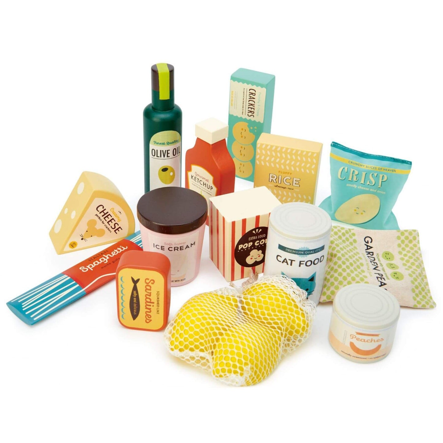 Collection of toy food items and packaging on a white background