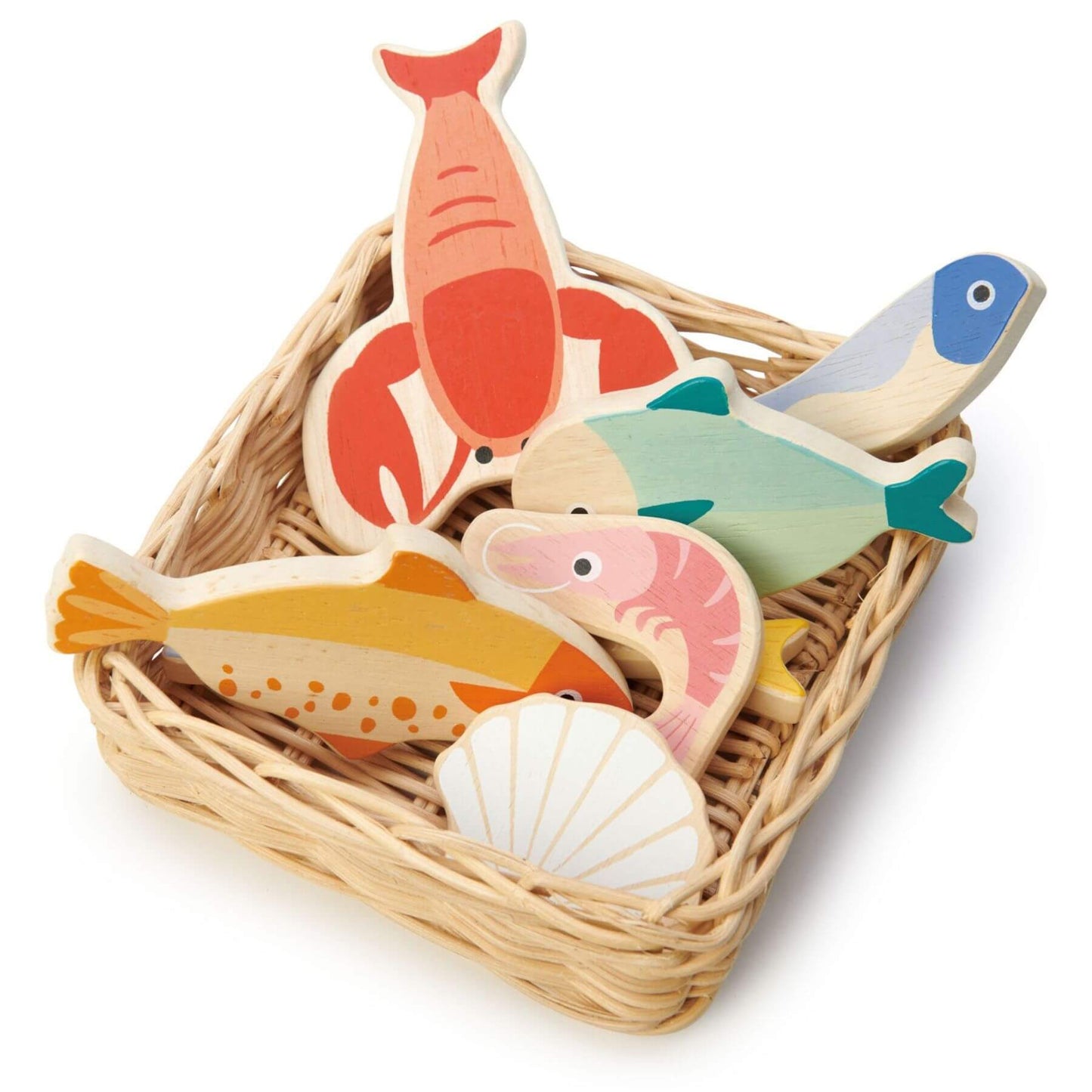 Wooden sea creature toys in a wicker basket on a white background