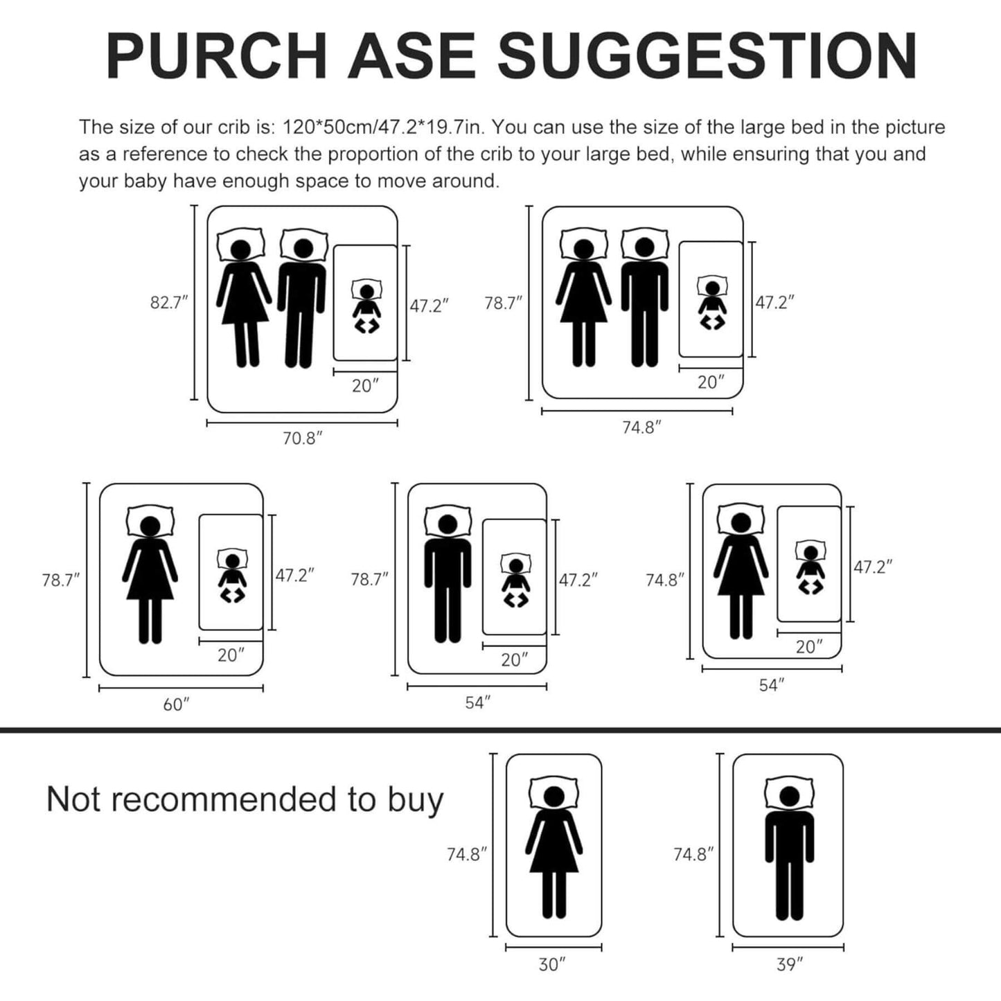 Diagram showing dimensions for a crib size recommendation with black and white illustrations.