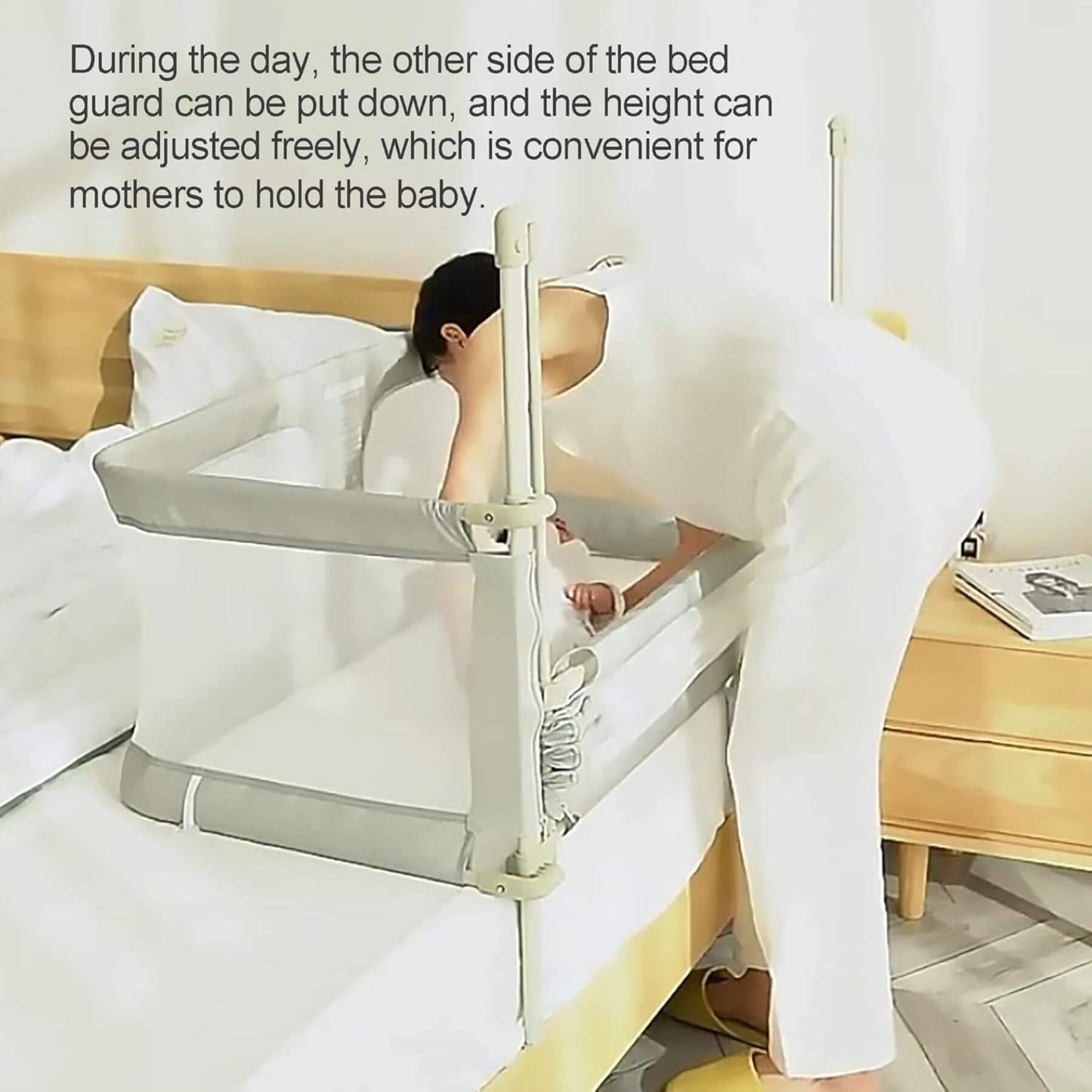 Woman using Portable Lightweight Baby Cot Dual-Use on a bed with text describing its convenience for mothers.