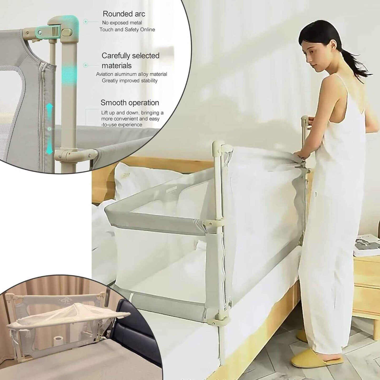Woman using Portable Lightweight Baby Cot Dual-Use in a bedroom setting