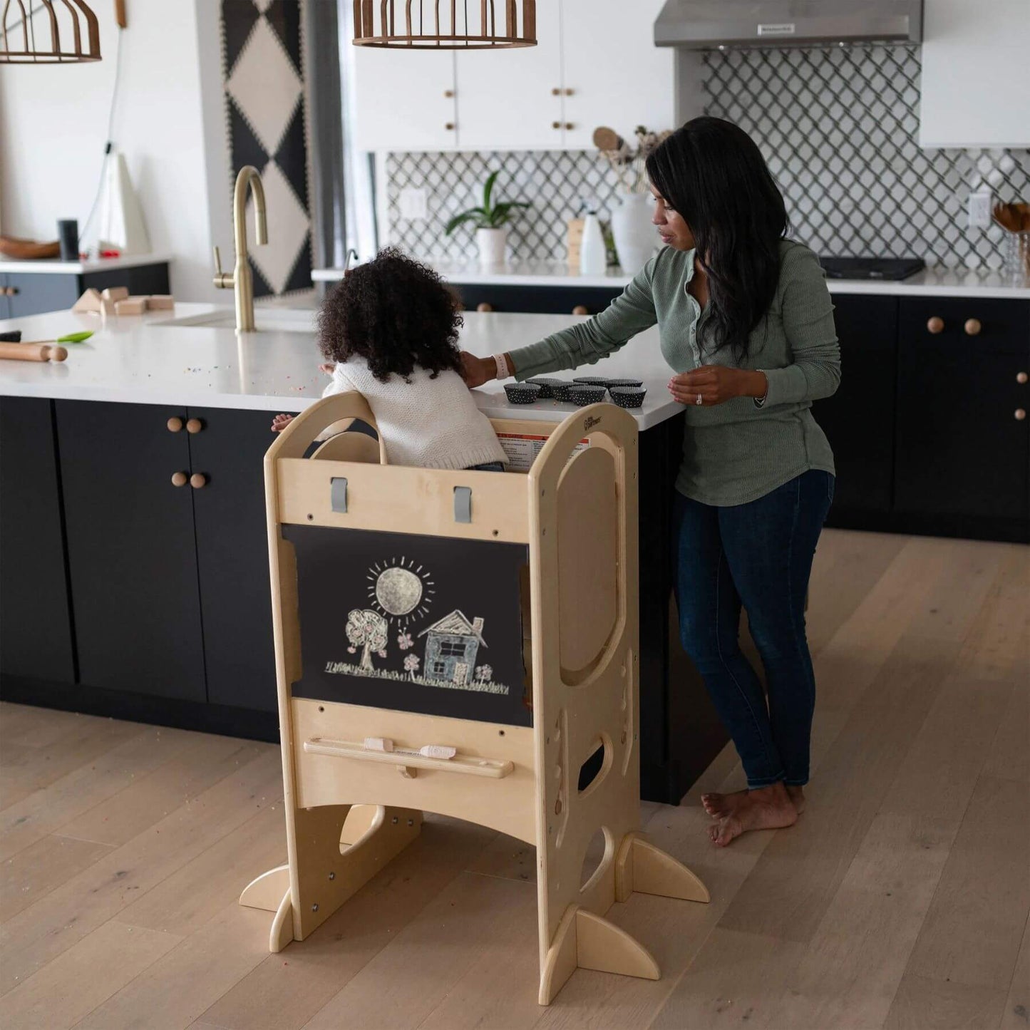 Girl Standing on Little Partners Limited Edition Learning Tower Natural, Helping Mom Cooking