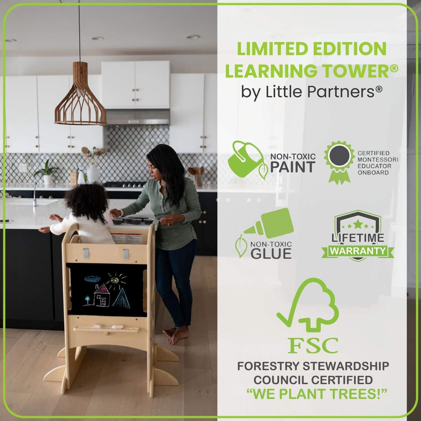 Girl Standing on Little Partners Limited Edition Learning Tower Natural, Helping mom Cook