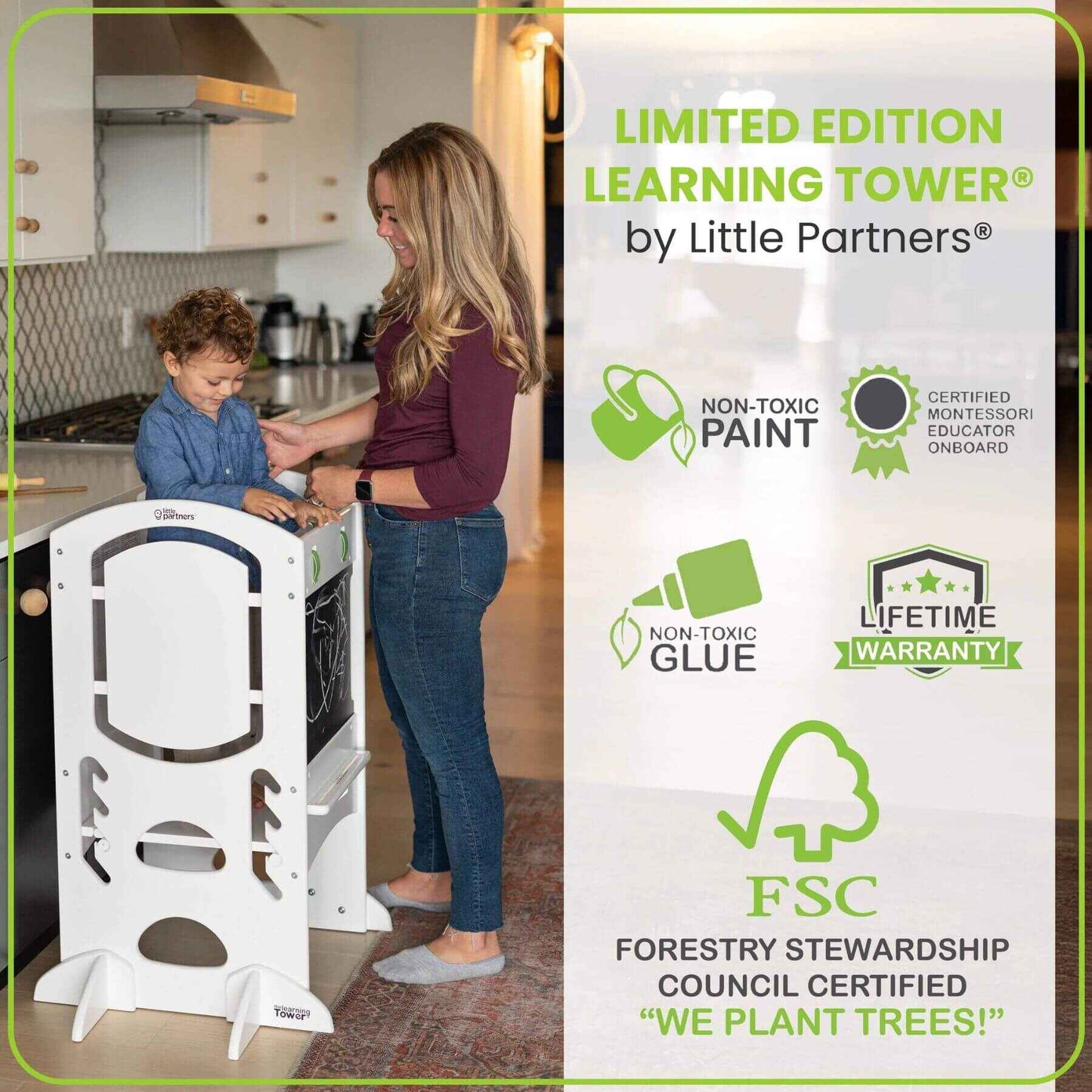 Boy Standing on Little Partners Limited Edition Learning Tower White, with mom Standing next