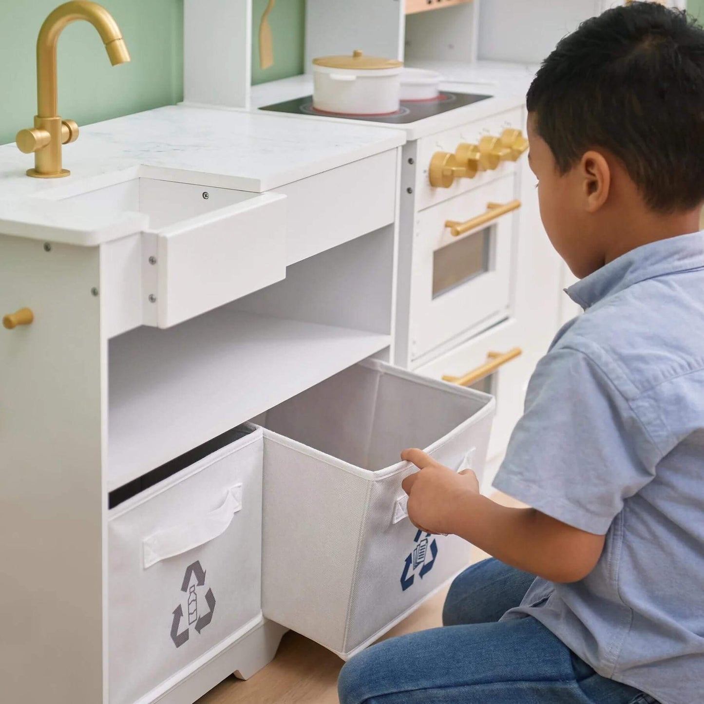 Boy Playing with Teamson Kids Little Chef Atlanta Large Modular Play Kitchen