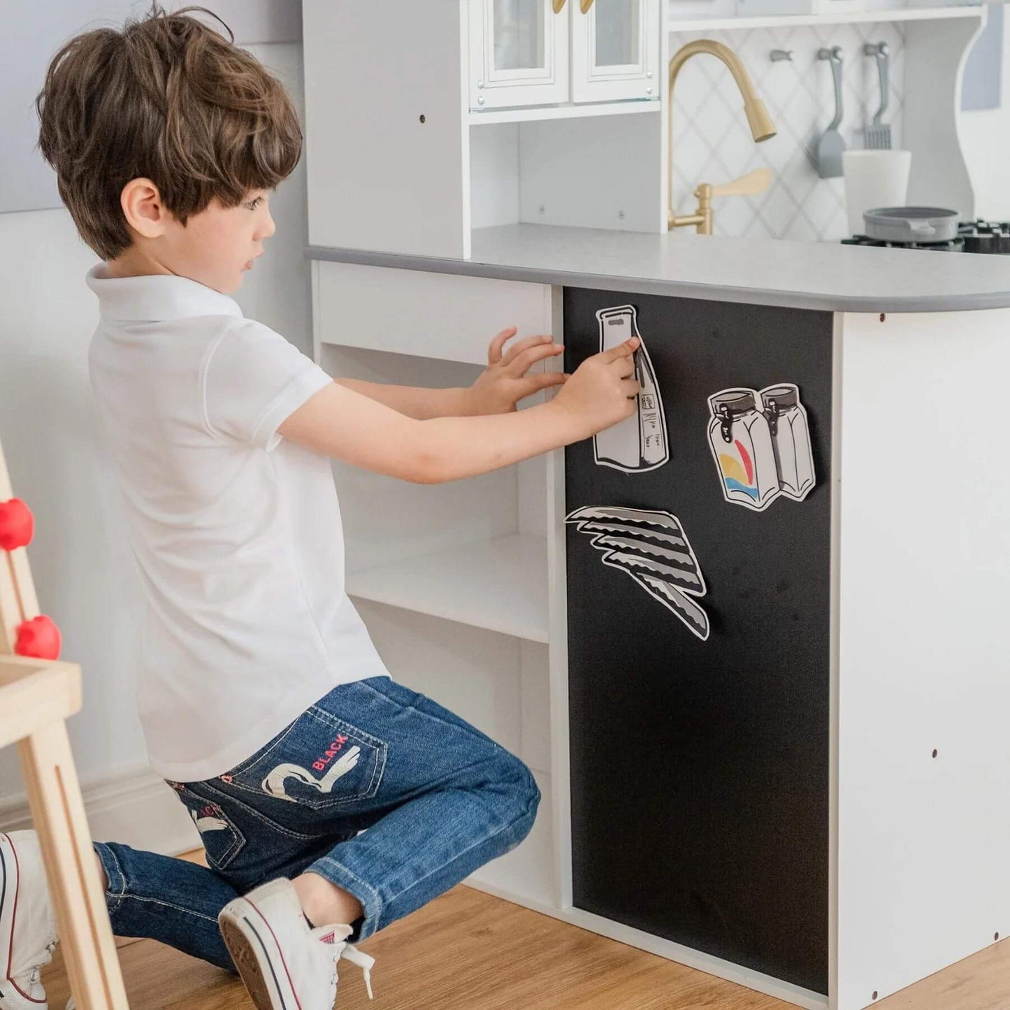 Boy Playing with Teamson Kids Little Chef Upper East Retro Play Kitchen White