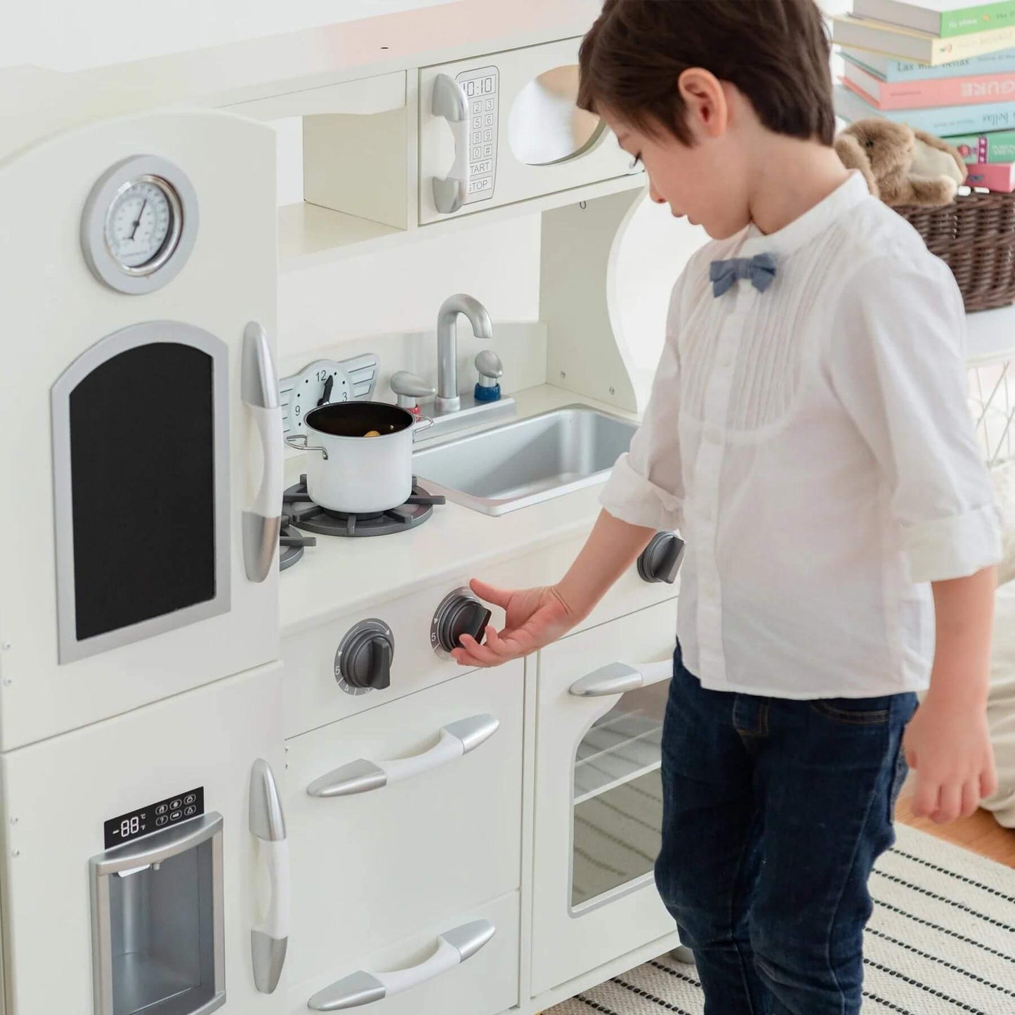 Boy Playing with Teamson Kids Little Chef Westchester Retro Kids Kitchen Playset Ivory