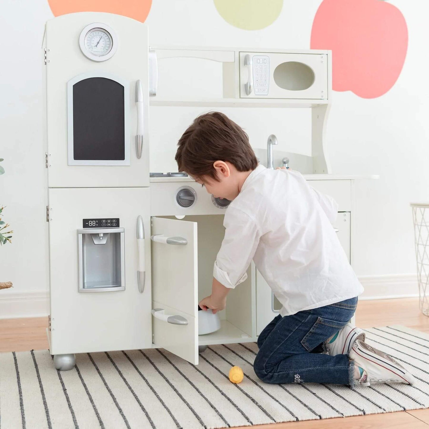 Boy Playing with Teamson Kids Little Chef Westchester Retro Kids Kitchen Playset Ivory