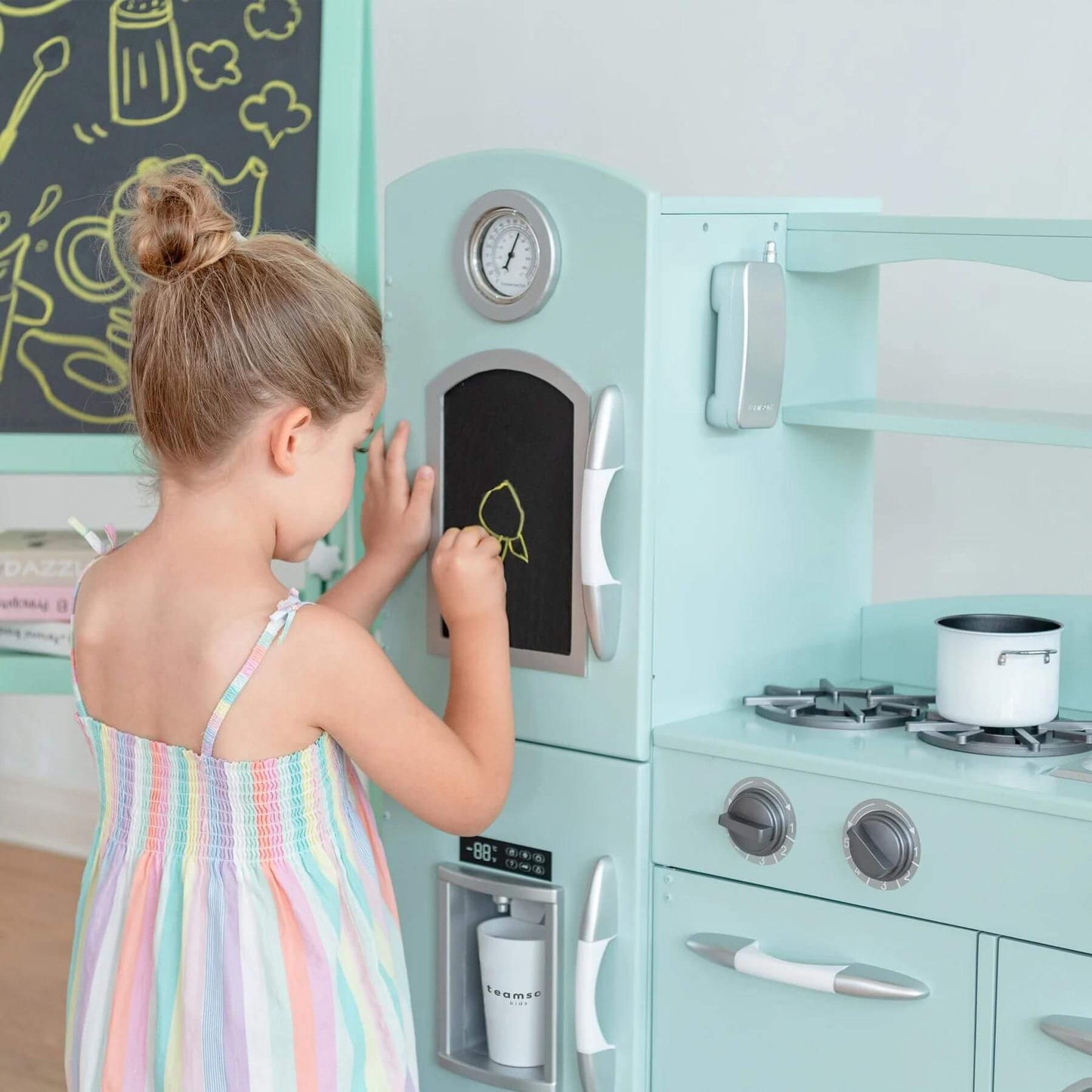 Girl Writing on Board of Teamson Kids Little Chef Westchester Retro Kids Kitchen Playset Mint