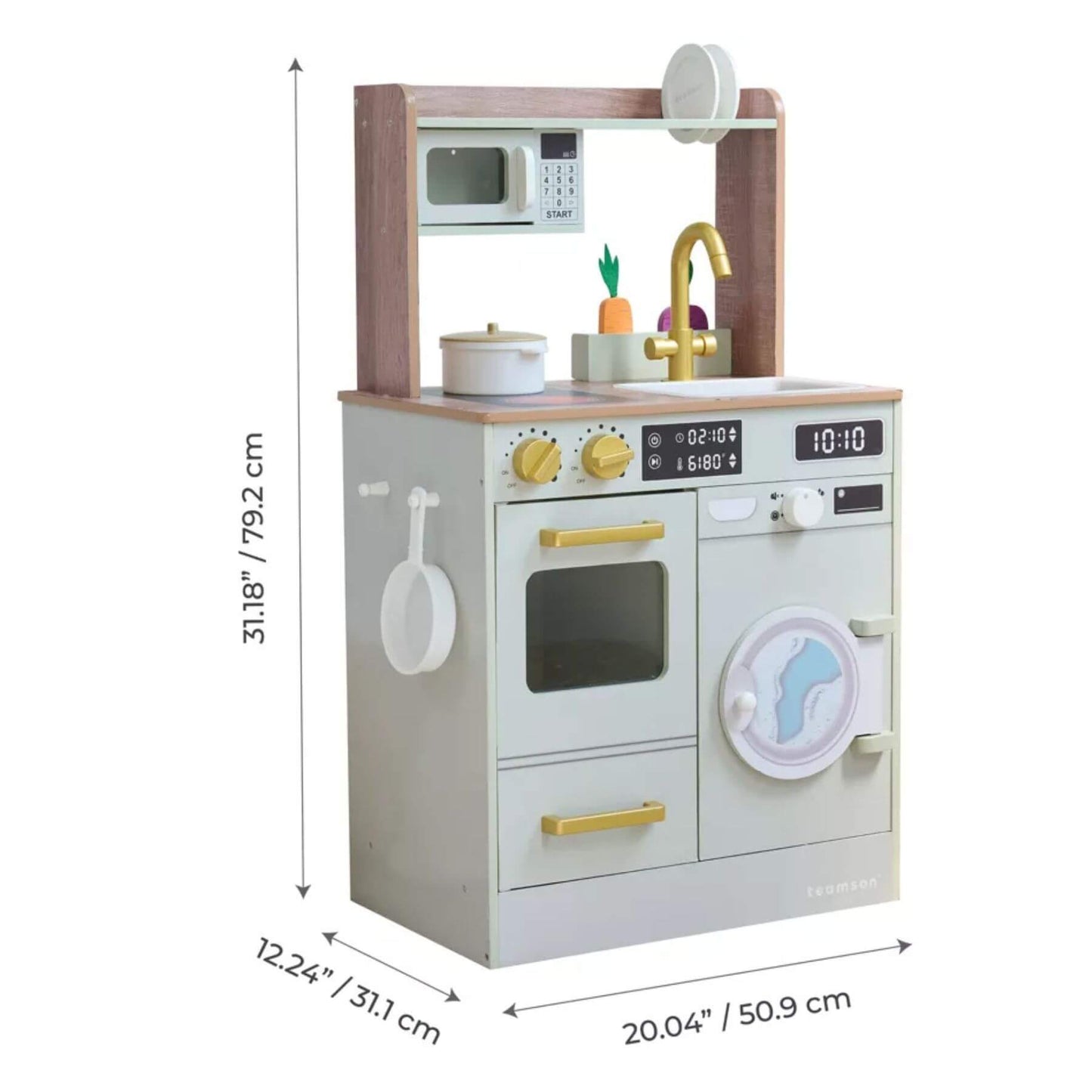 Teamson Kids Little Chef Lake Tahoe Wooden Play Kitchen Green with measurements on a white background
