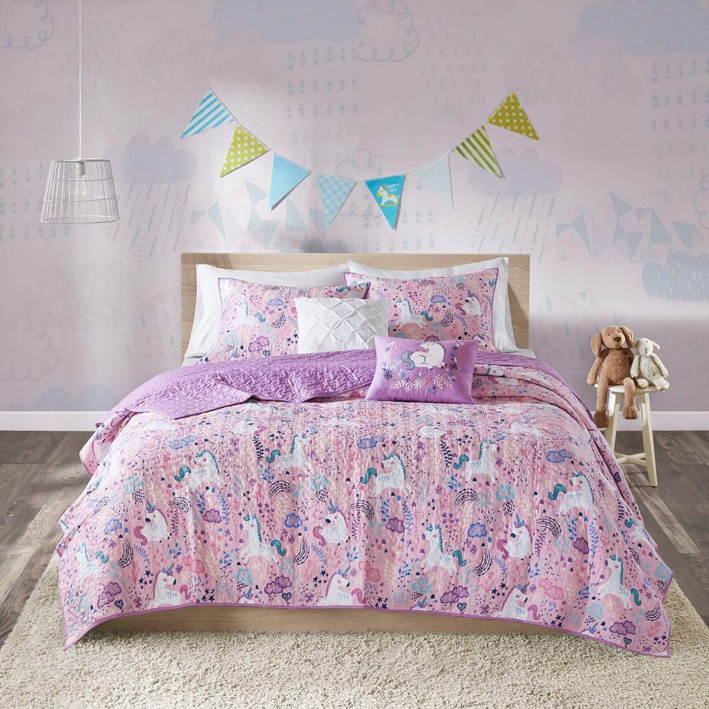 Lola Unicorn Reversible Cotton Quilt Set Pink