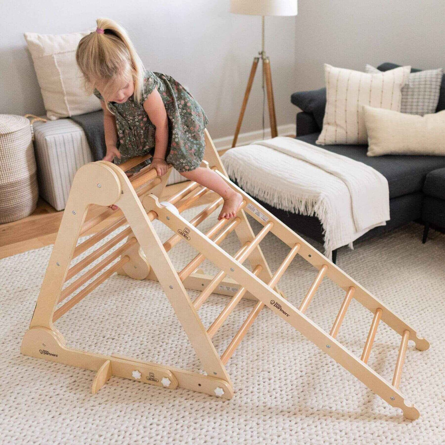 Girl Climbing on Little Partners Climbing Ladder Natural w/ Triangle