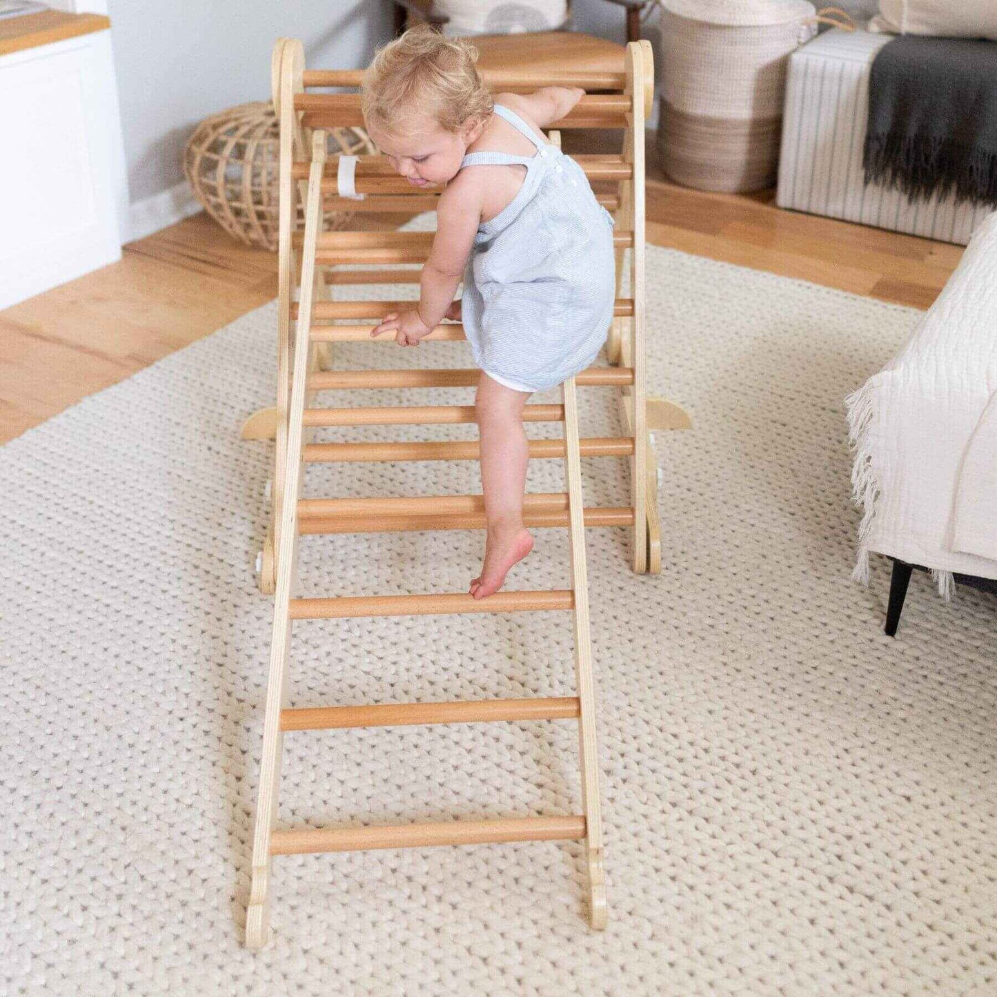 Kid Climbing on Little Partners Climbing Ladder Natural w/ Triangle