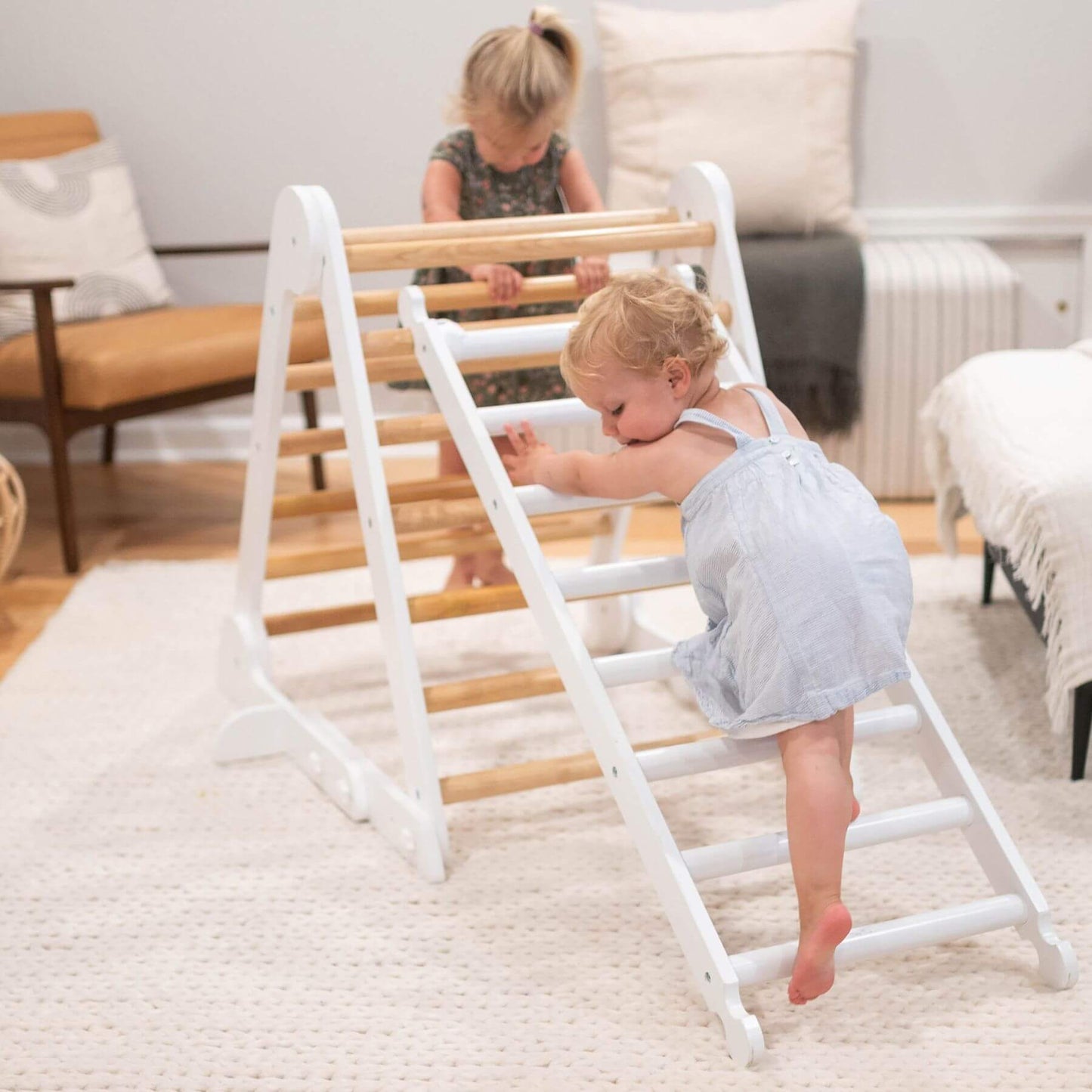 Two Girls Playing on Little Partners Climbing Ladder White w/ Triangle