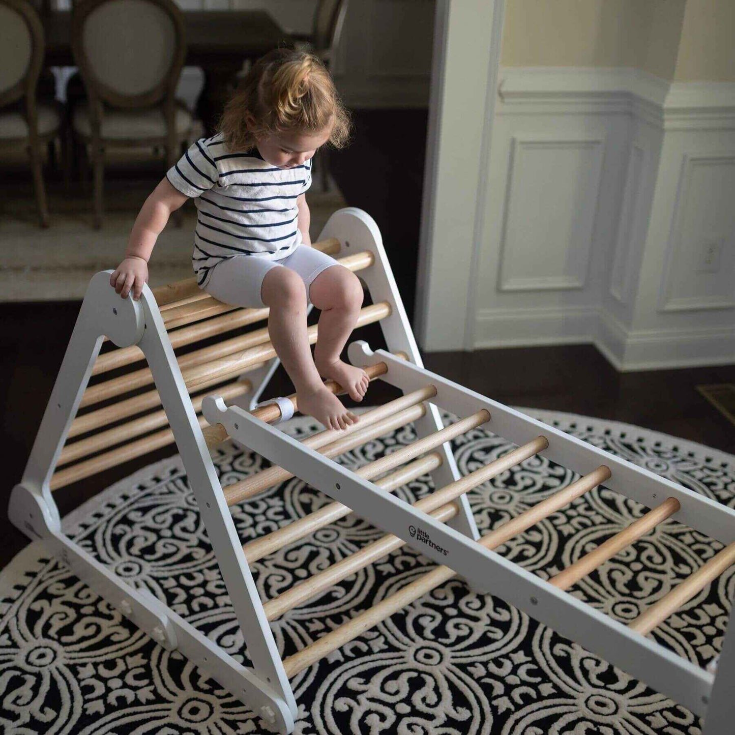 Girl Playing on Little Partners Climbing Ladder White & Natural w/ Triangle