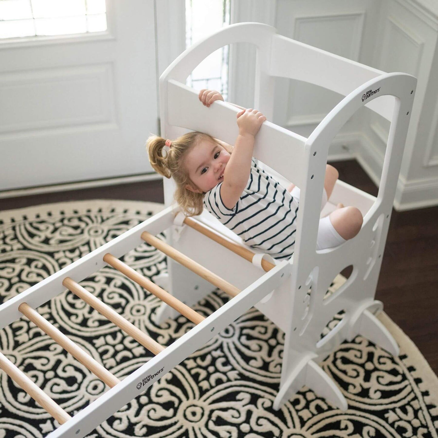 Girl Playing on Little Partners Climbing Ladder White & Natural w/ Learning Tower