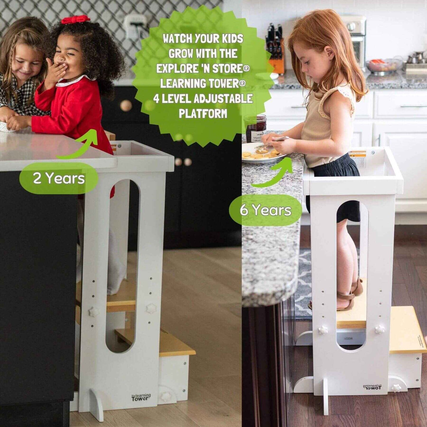 Kids Standing on Little Partners Explore 'N Store Learning Tower White & Natural