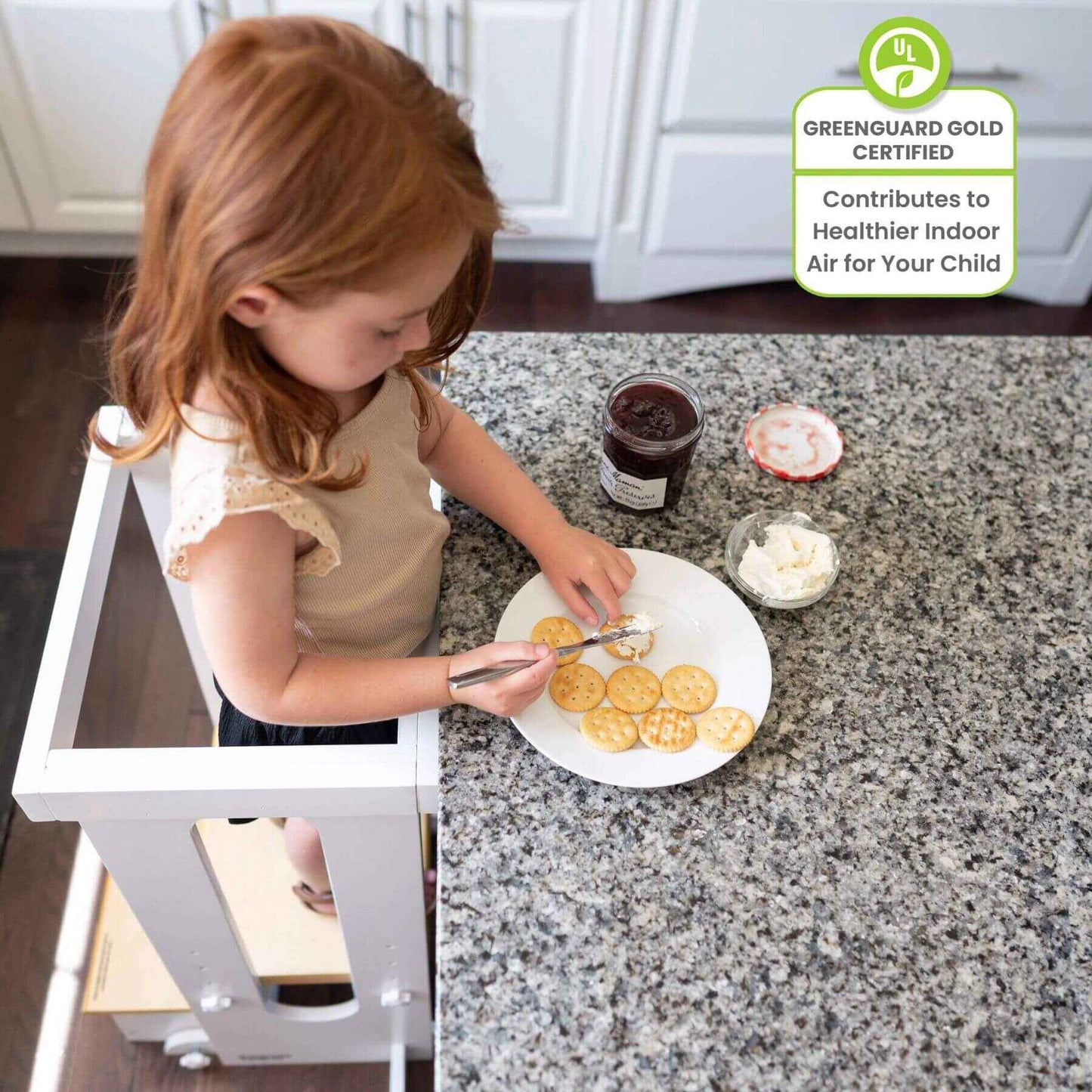 Girl Standing on Little Partners Explore 'N Store Learning Tower White & Natural, Making Cookies