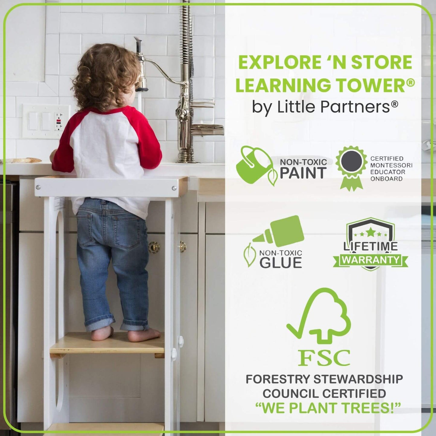 Girl Standing on Little Partners Explore 'N Store Learning Tower White & Natural