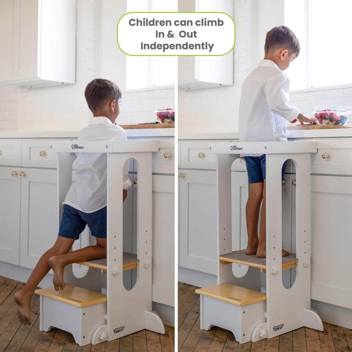 Boy Standing on Little Partners Explore 'N Store Learning Tower White & Natural
