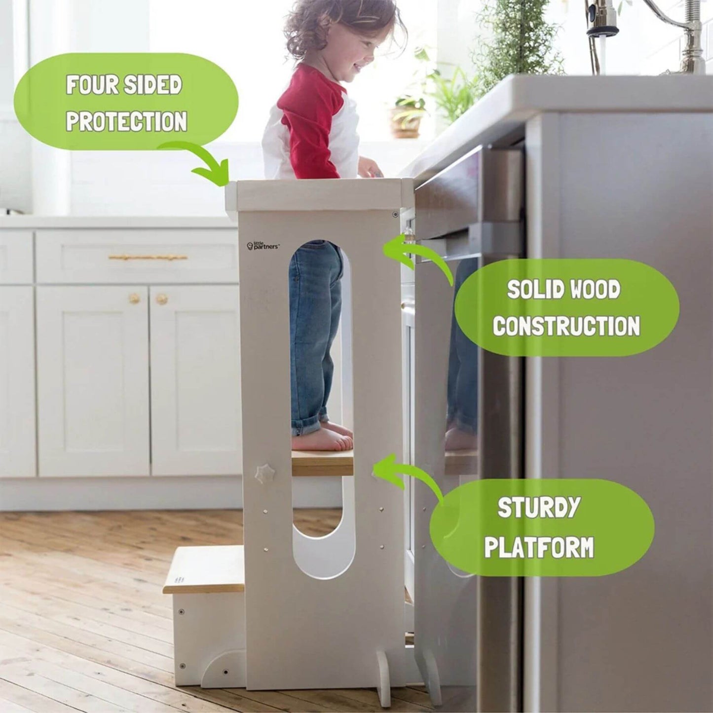 Girl Standing on Little Partners Explore 'N Store Learning Tower White & Natural