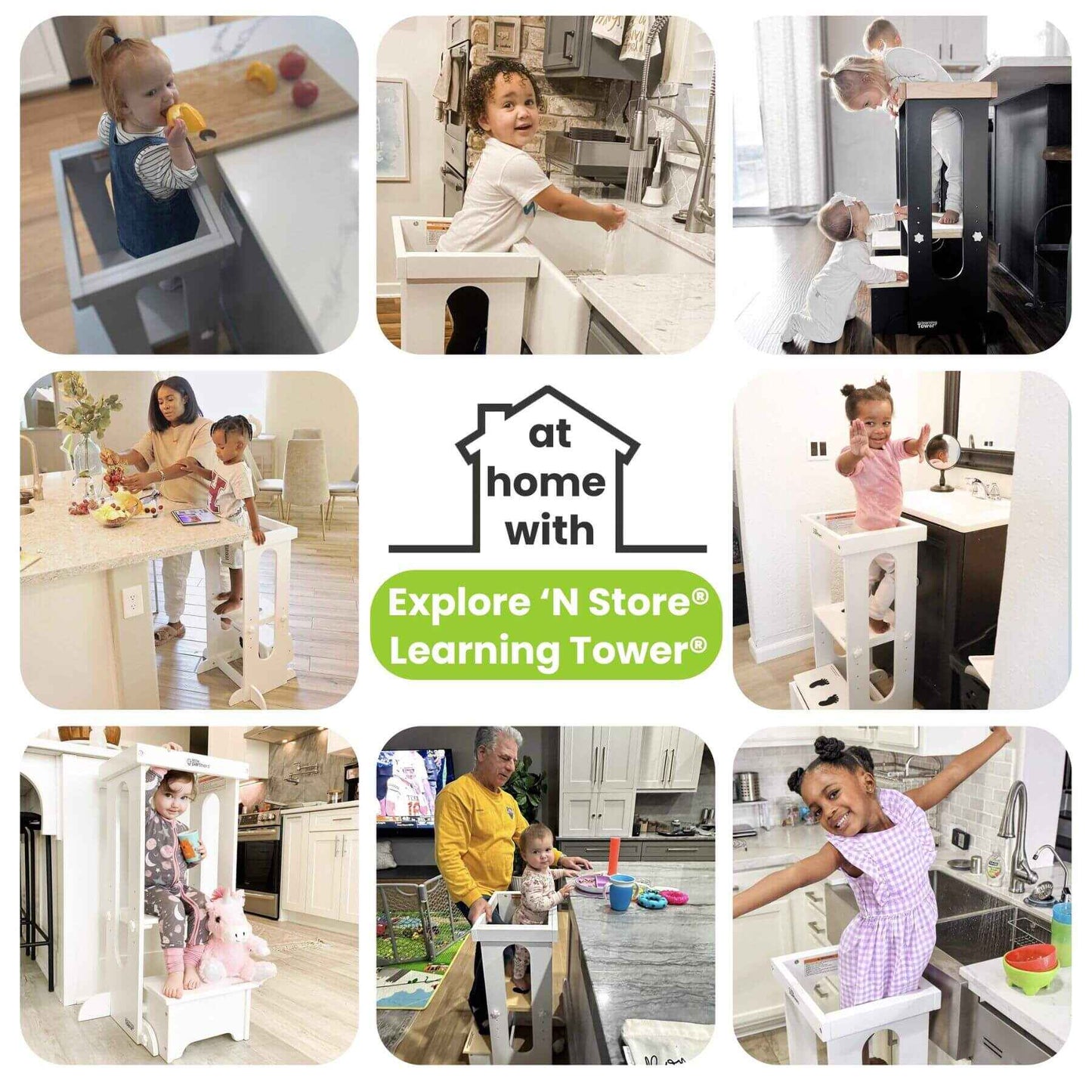 Kids Using Little Partners Explore 'N Store Learning Tower Natural in different rooms