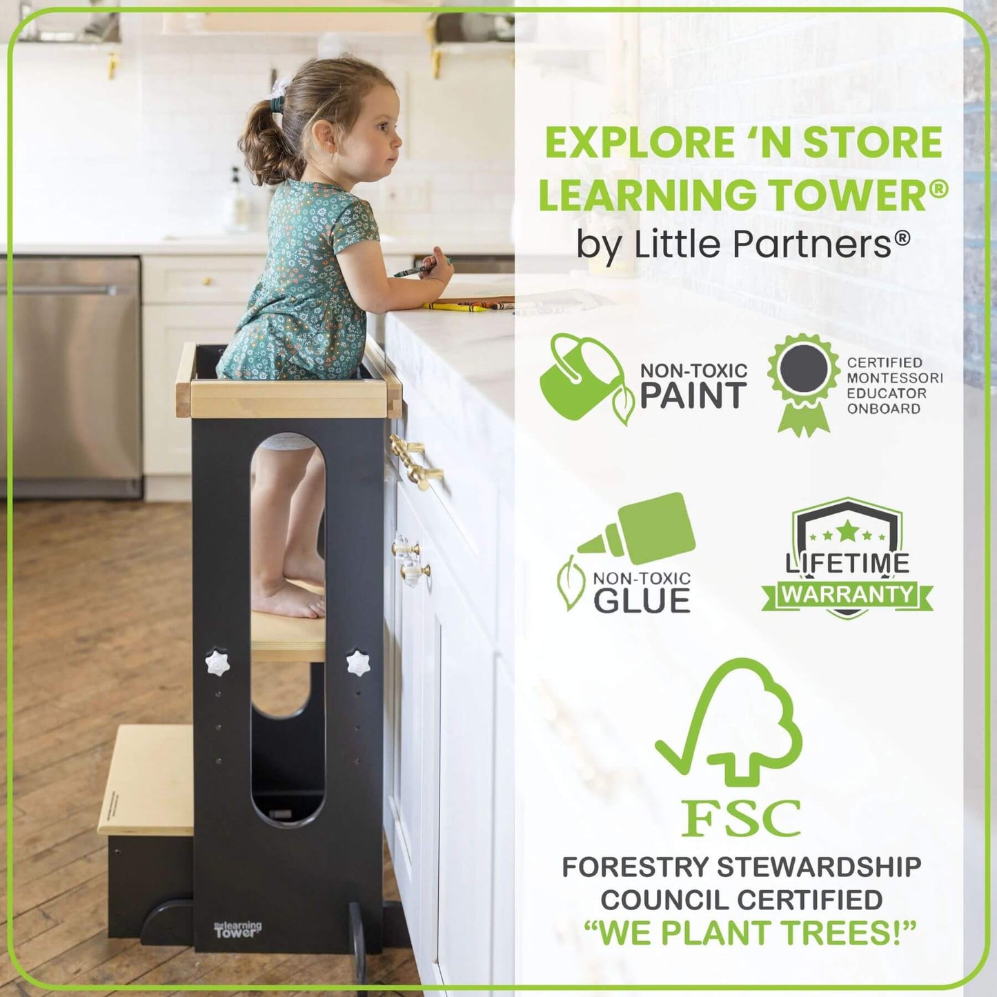 Girl Standing on Little Partners Explore 'N Store Learning Tower Charcoal & Natural