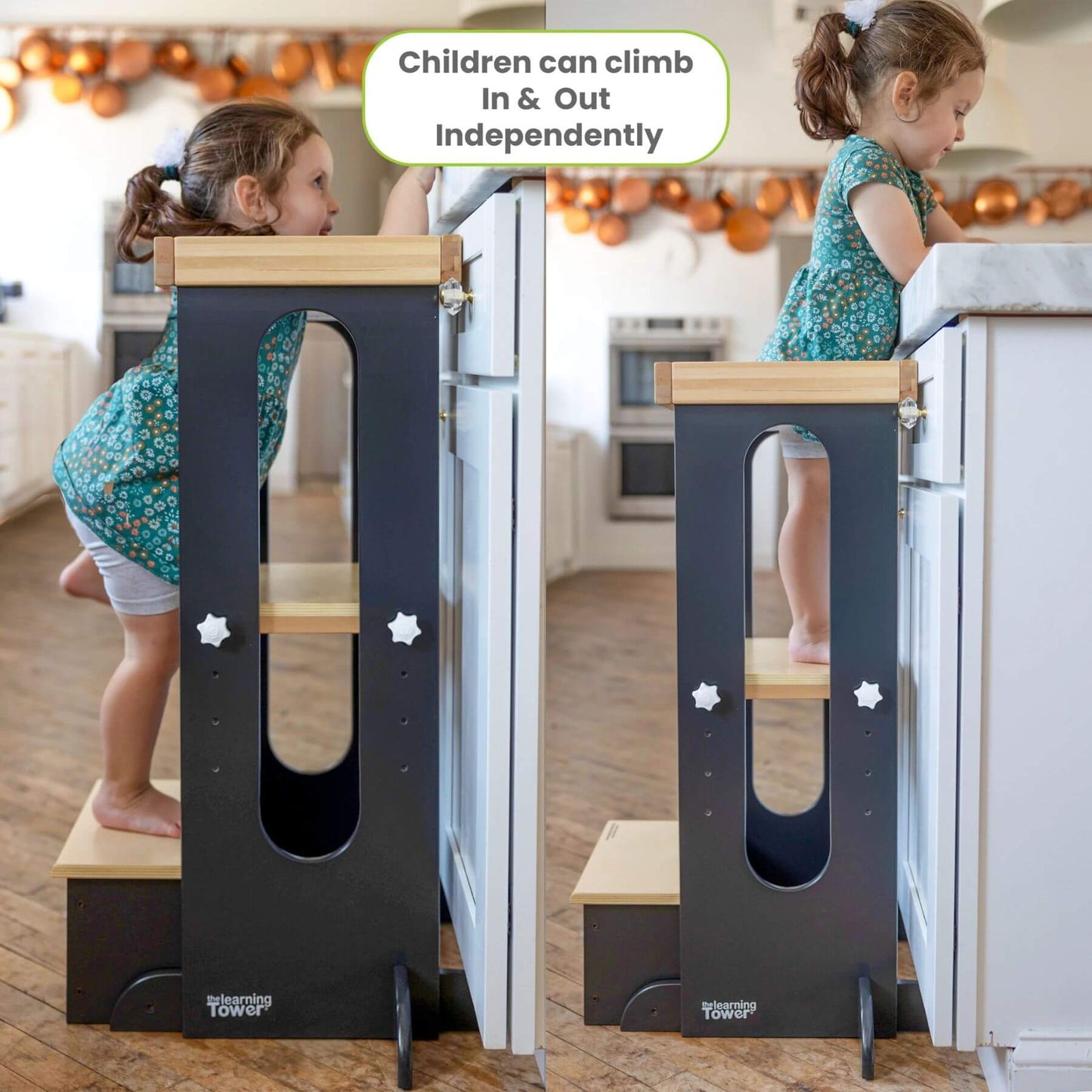 Girl Standing on Little Partners Explore 'N Store Learning Tower Charcoal & Natural
