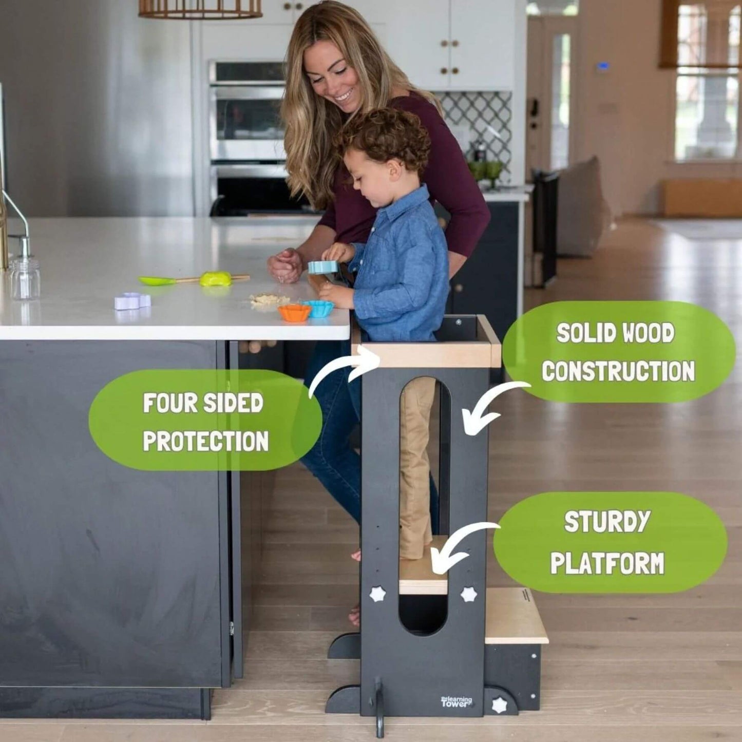 Boy Standing on Little Partners Explore 'N Store Learning Tower Charcoal & Natural, Help Mom Cook