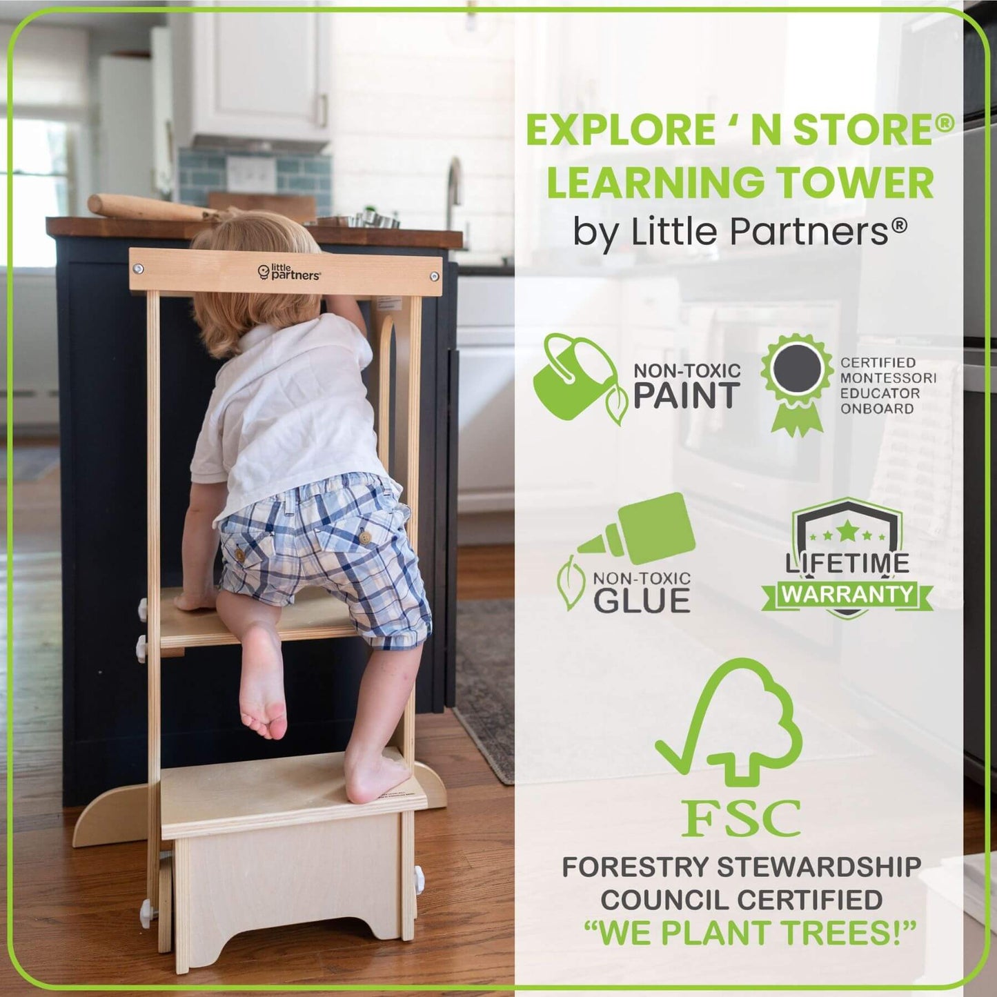 Boy Climbing on Little Partners Explore 'N Store Learning Tower Natural