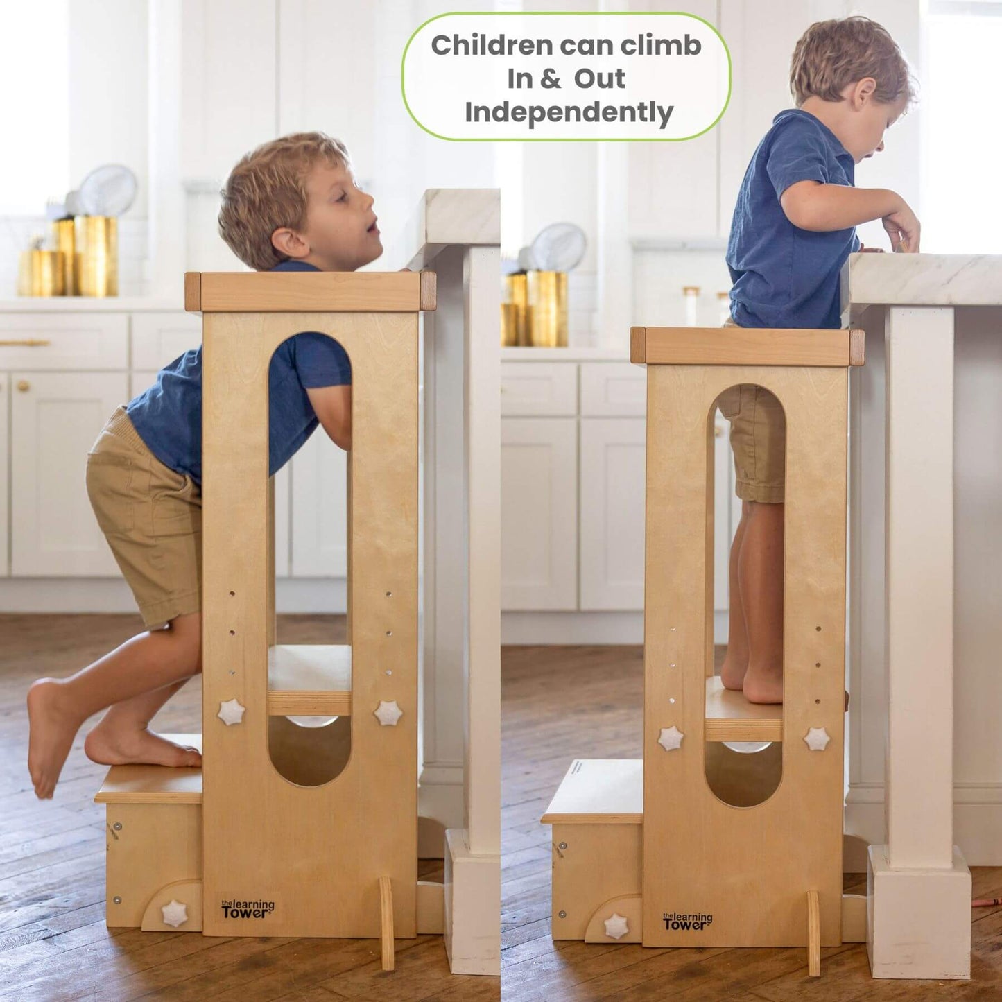 Boy Climbing on Little Partners Explore 'N Store Learning Tower Natural