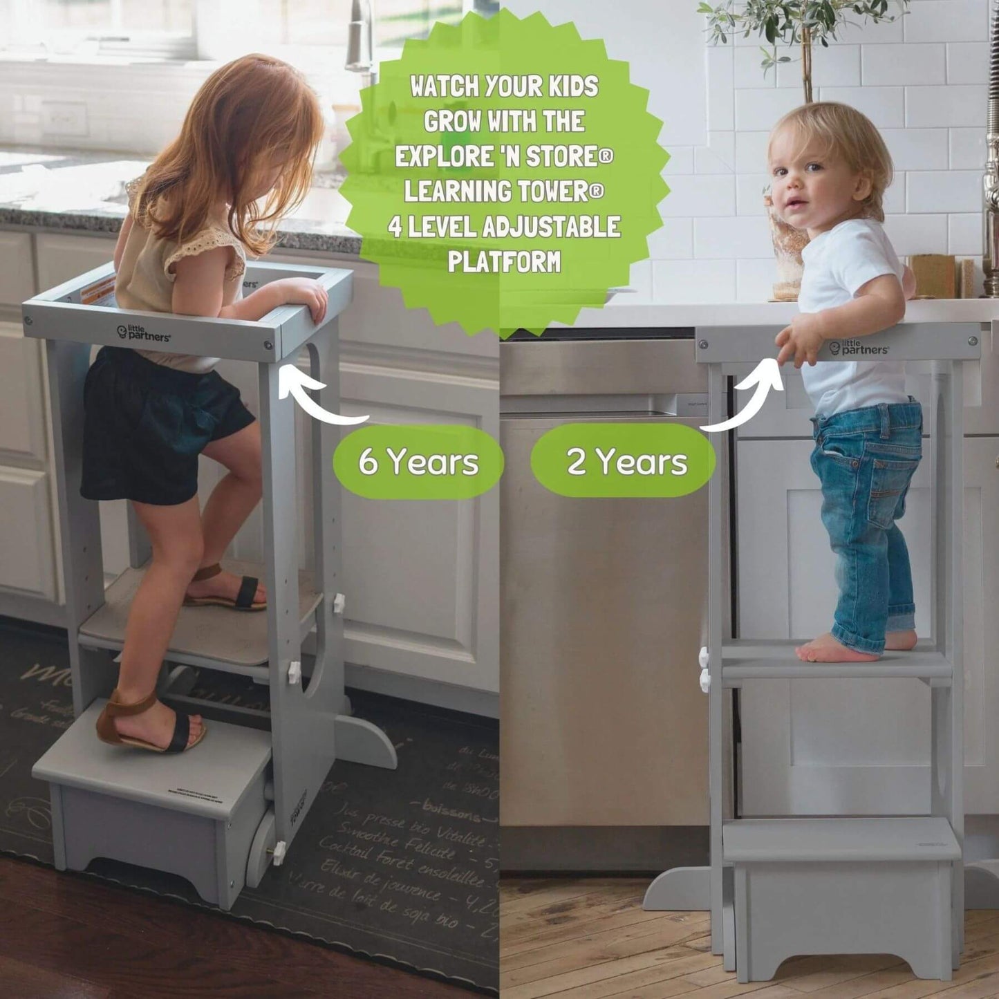 Kids of age of 2 and 6 standing on Little Partners Explore 'N Store Learning Tower Silver