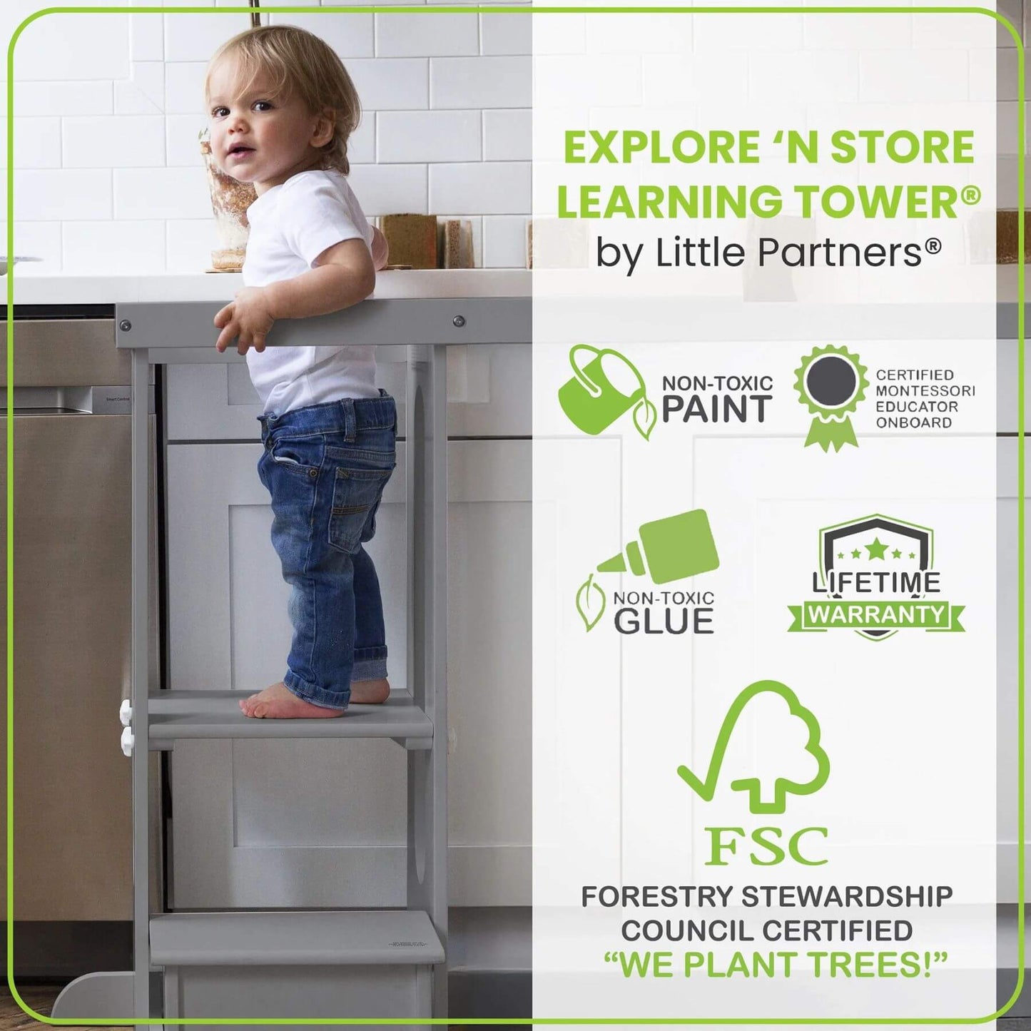 Baby Standing on Little Partners Explore 'N Store Learning Tower Silver
