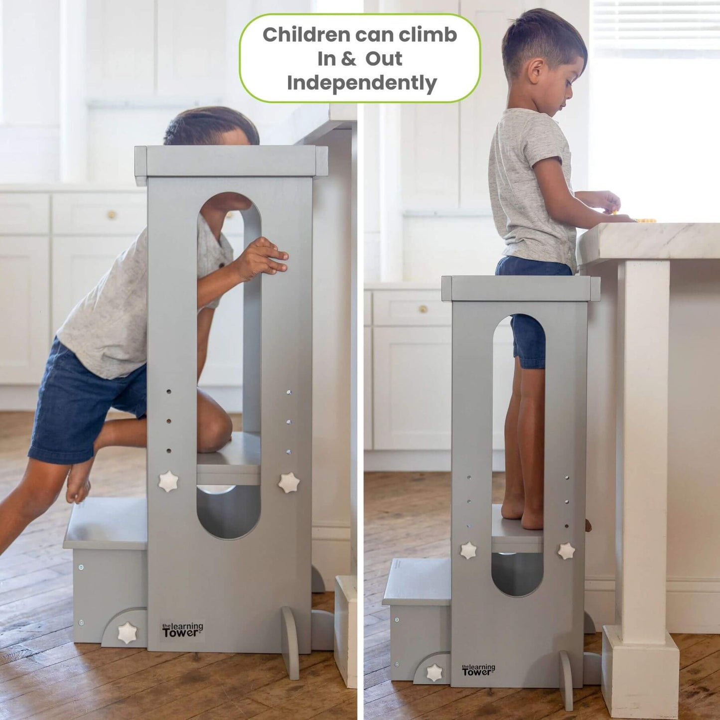 Boy Standing on Little Partners Explore 'N Store Learning Tower Silver