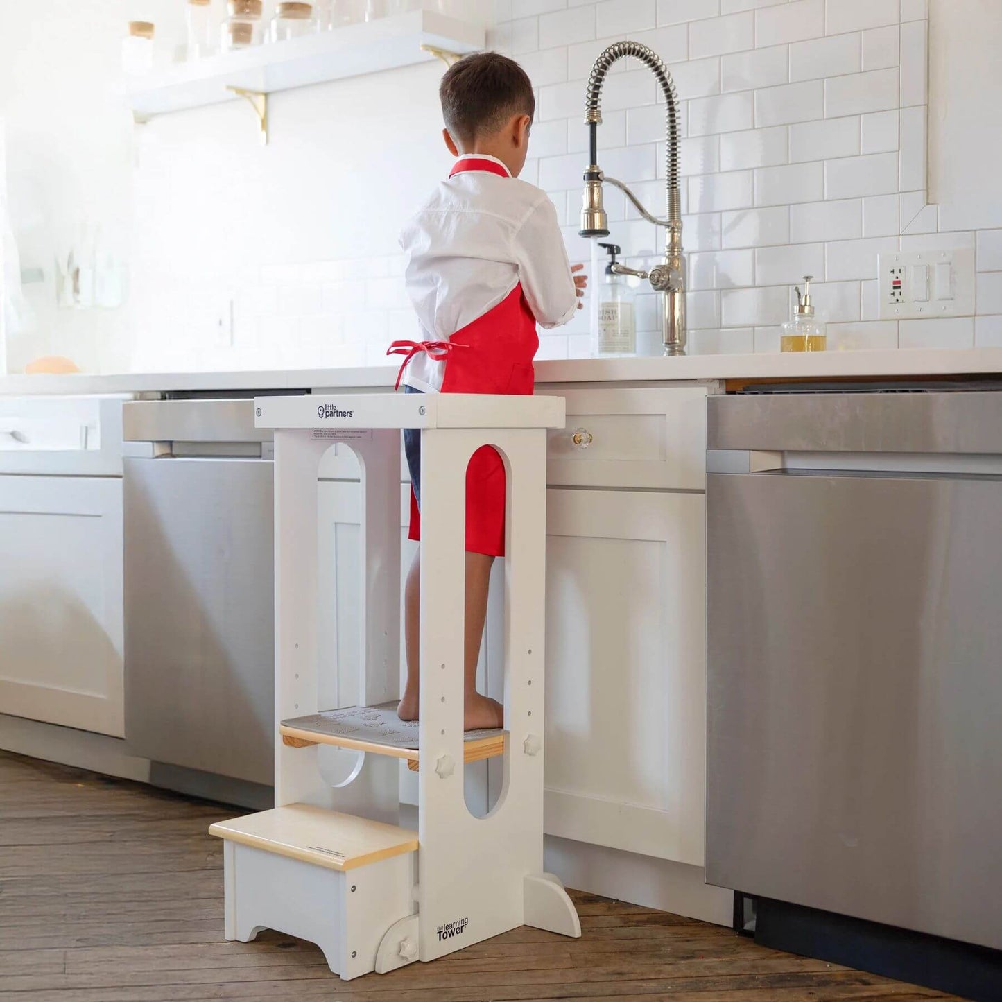 Boy Standing on Little Partners Explore 'N Store Learning Tower White & Natural, Washing Hands