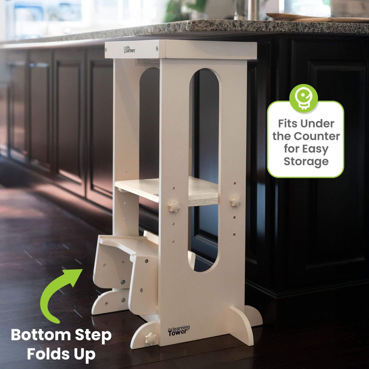 Little Partners Explore 'N Store Learning Tower White next to Kitchen Counter