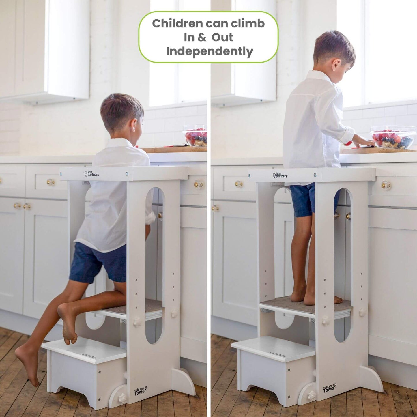 Boy Standing on Little Partners Explore 'N Store Learning Tower White, Cutting Fruits