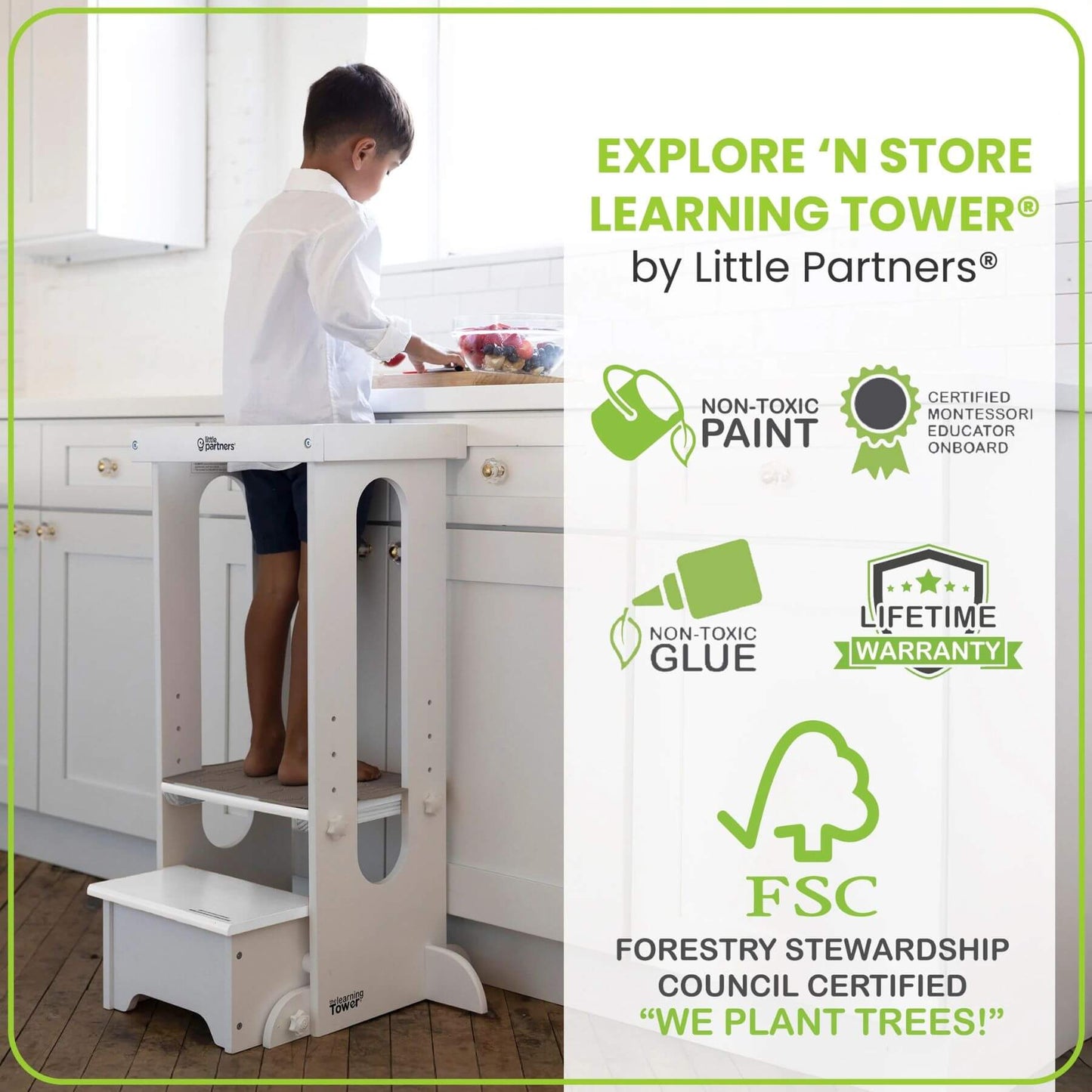 Boy Standing on Little Partners Explore 'N Store Learning Tower White, cutting fruits