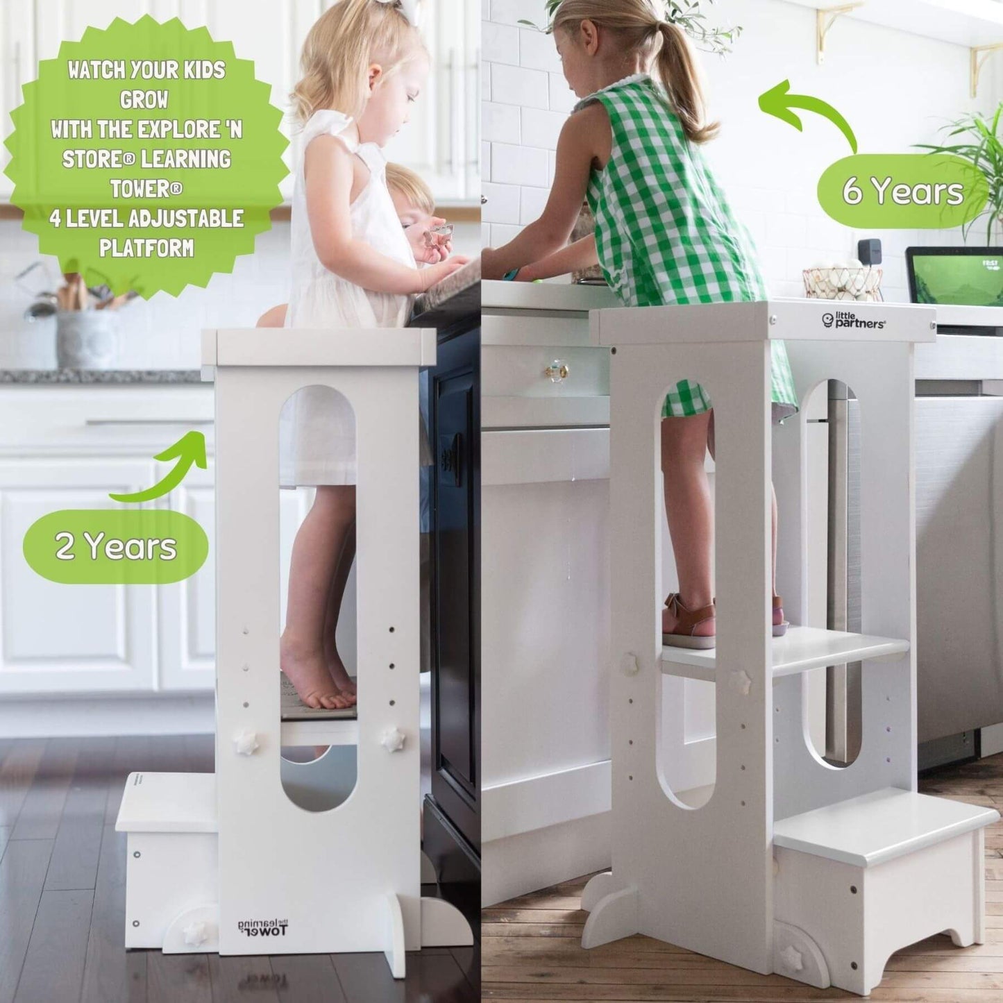 Girl Standing on Little Partners Explore 'N Store Learning Tower White