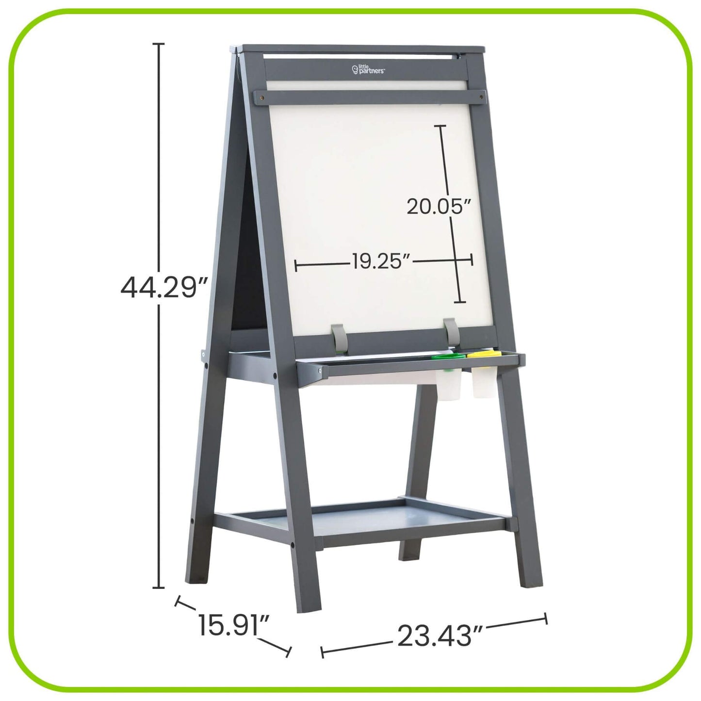 Little Partners Folding Artist EZ Easel Grey with dimensions labeled on a white background
