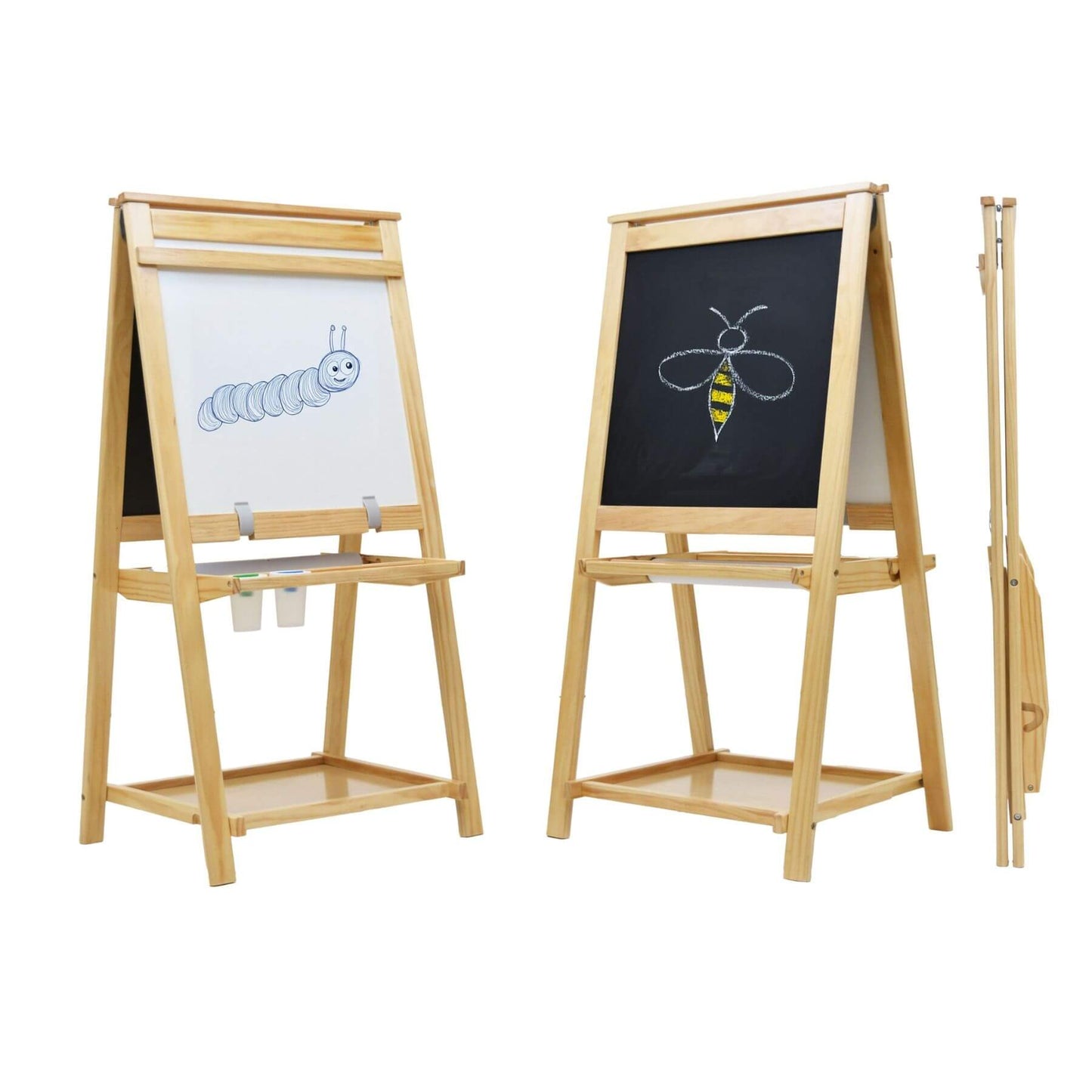 Two Little Partners Folding Artist EZ Easel Natural, displaying drawings of a caterpillar and a bee.
