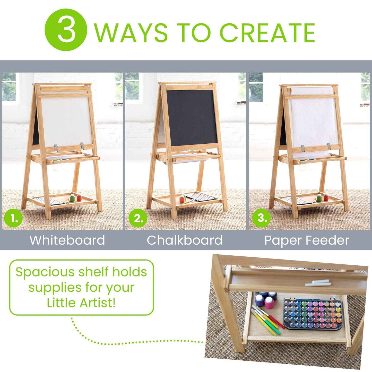 Little Partners Folding Artist EZ Easel Natural with whiteboard, chalkboard, and paper feeder options, featuring a shelf for art supplies.