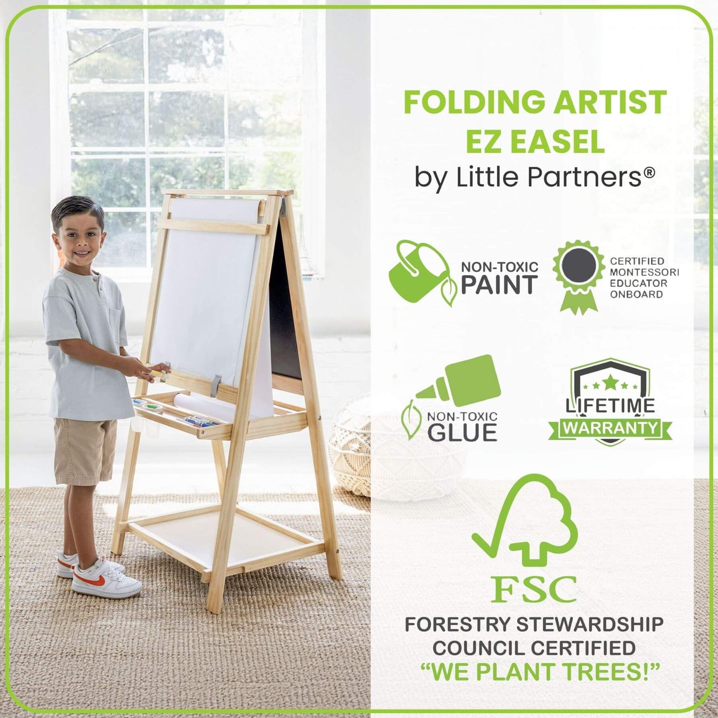 Child using a Little Partners Folding Artist EZ Easel Natural with certification logos on a white background