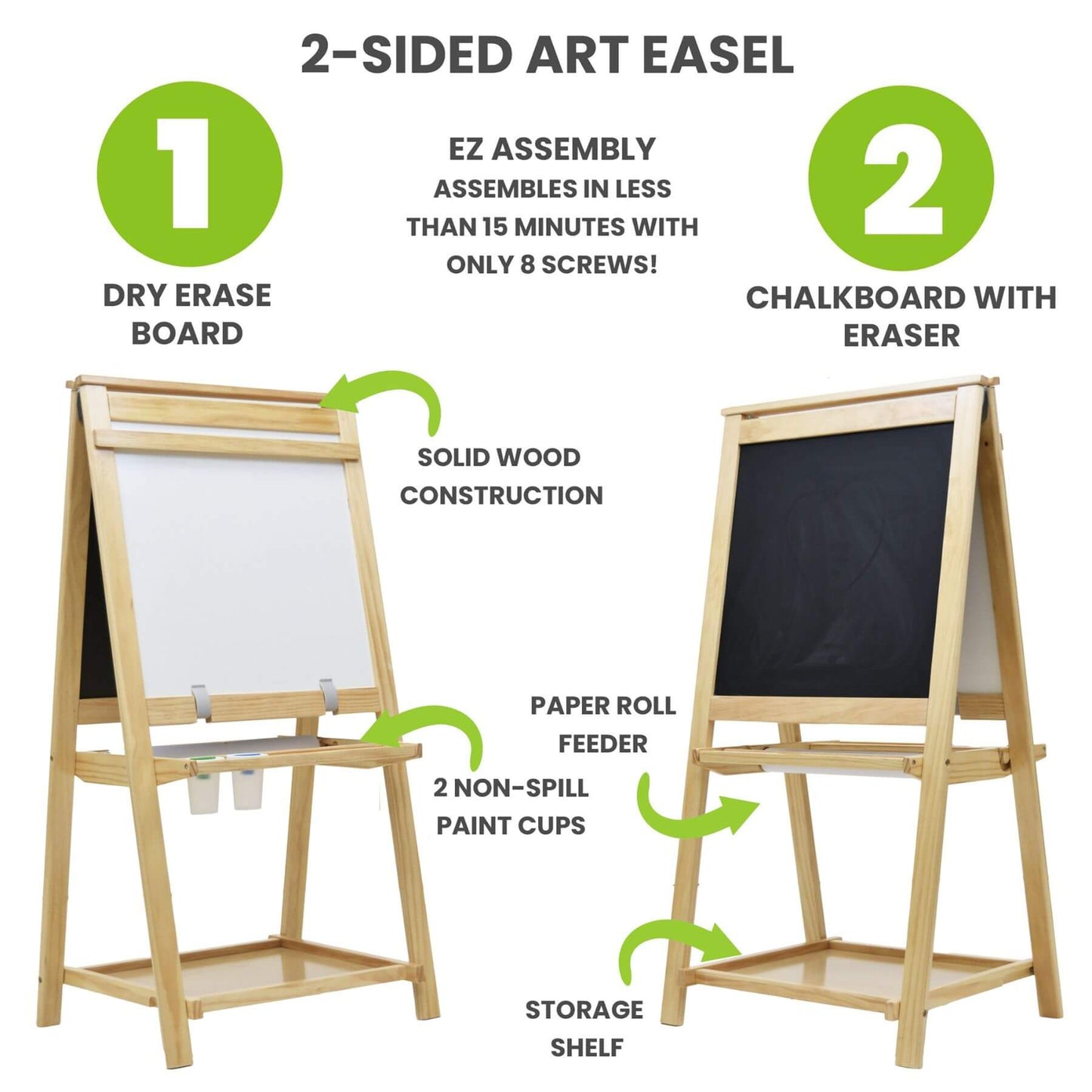 Little Partners Folding Artist EZ Easel Natural with dry erase board and chalkboard, featuring assembly instructions and product features.